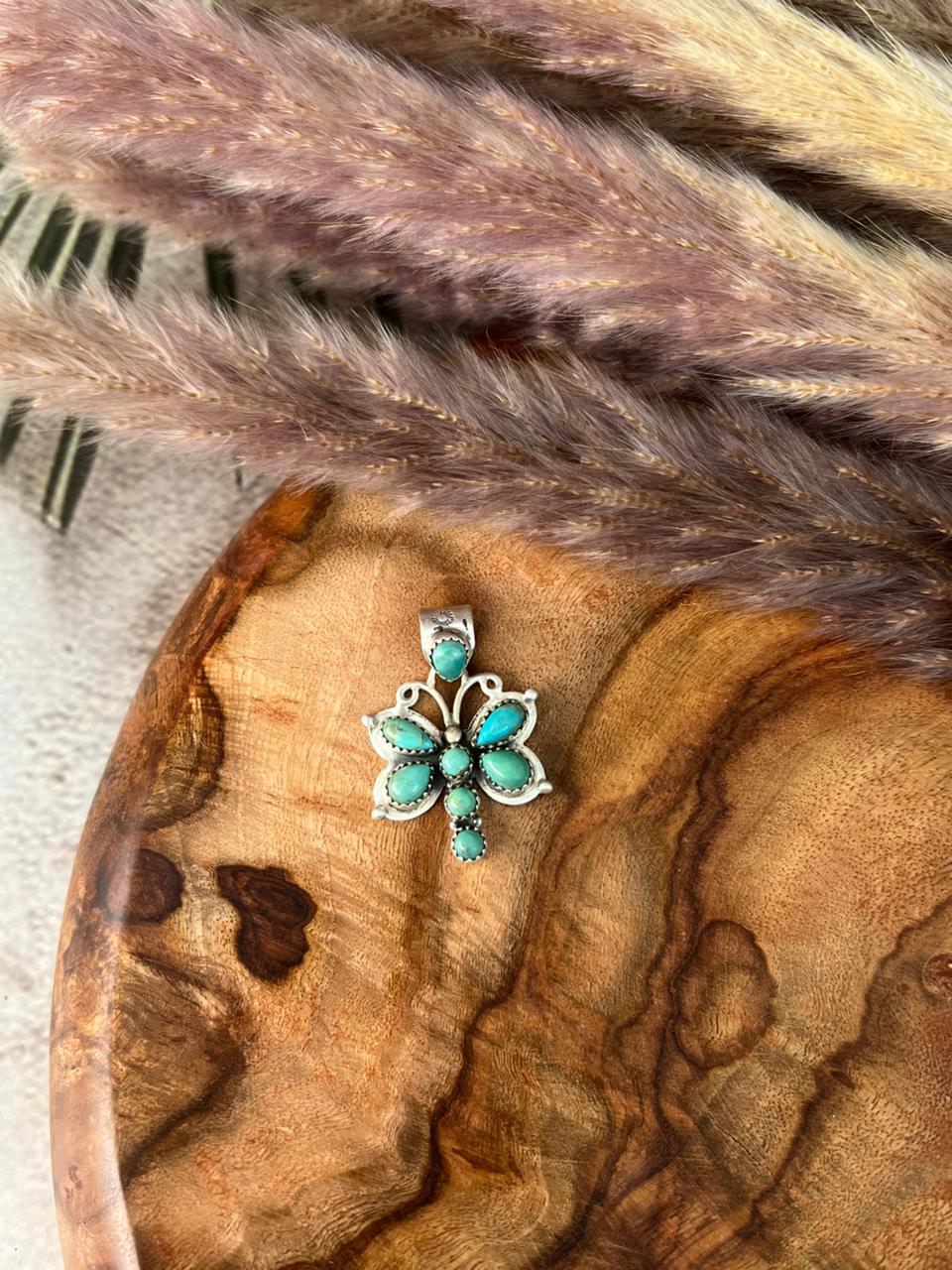 Handmade Sterling Silver Kingman Turquoise Butterfly Pendant "Signed Nizhoni"