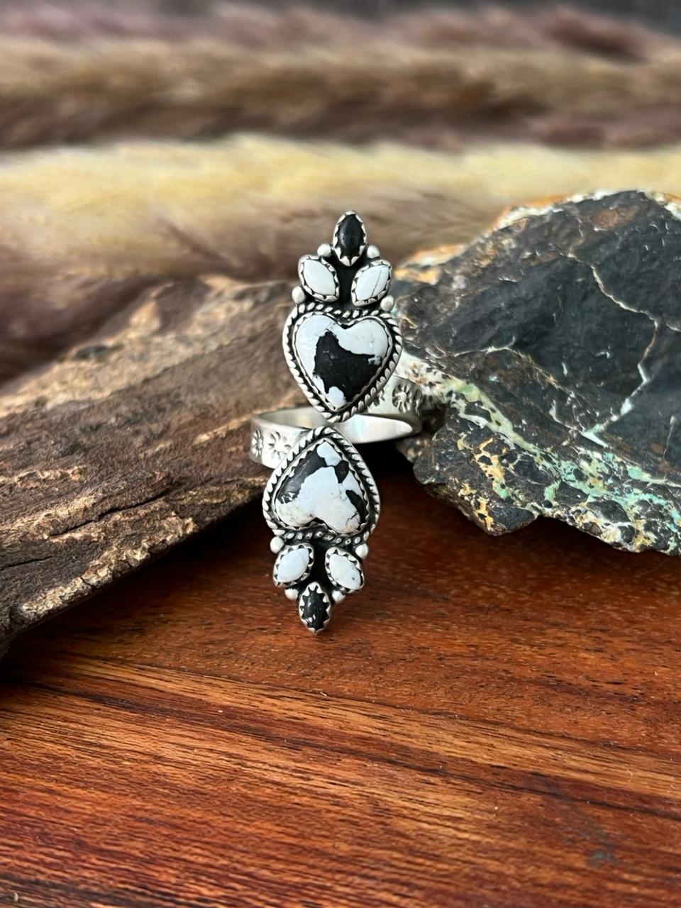 Handmade Sterling Silver White Buffalo Adjustable Ring "Signed Nizhoni"