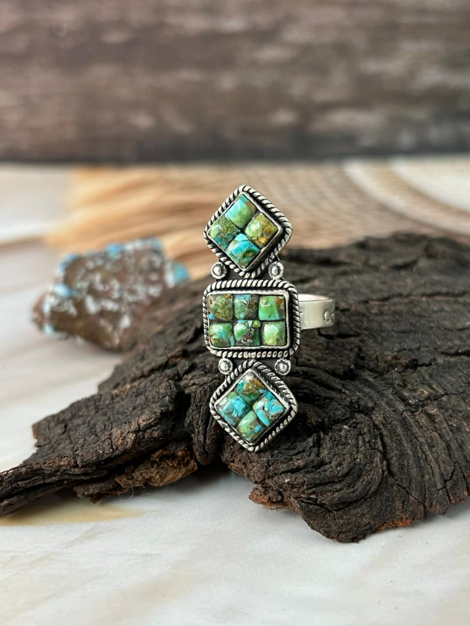 Handmade Sterling Silver Sonoran Cobble Collection: Sonoran Mountain Turquoise Adjustable Ring "Signed Nizhoni"