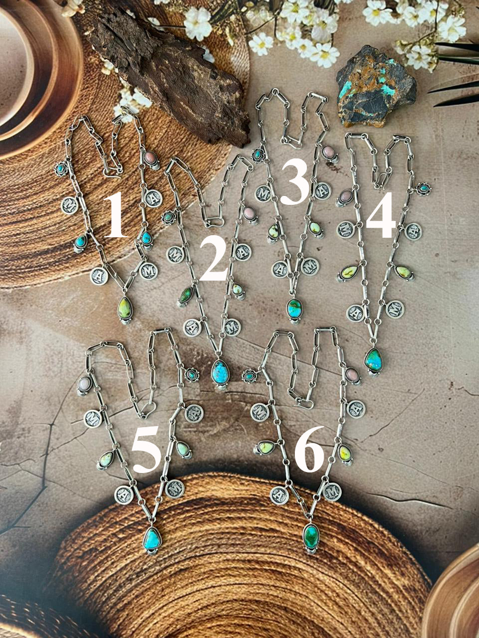 Handmade Sterling Silver Mama Collection: Pink Opal with Sonoran Mountain, Paloma and Palomino Turquoise Necklace "Signed Nizhoni"