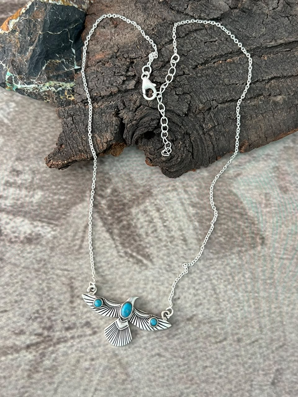 Handmade Sterling Silver Kingman Turquoise Thunderbird Necklace Signed Nizhoni