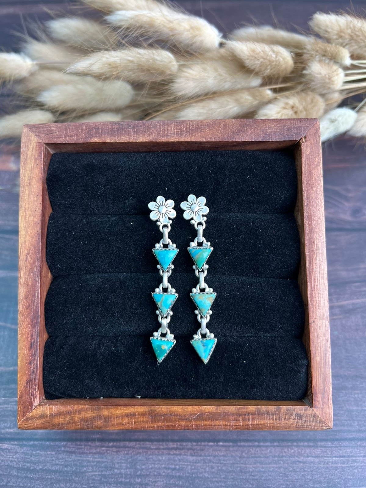 Handmade Sterling Silver Kingman Turquoise Post Dangle Earrings "Signed Nizhoni"