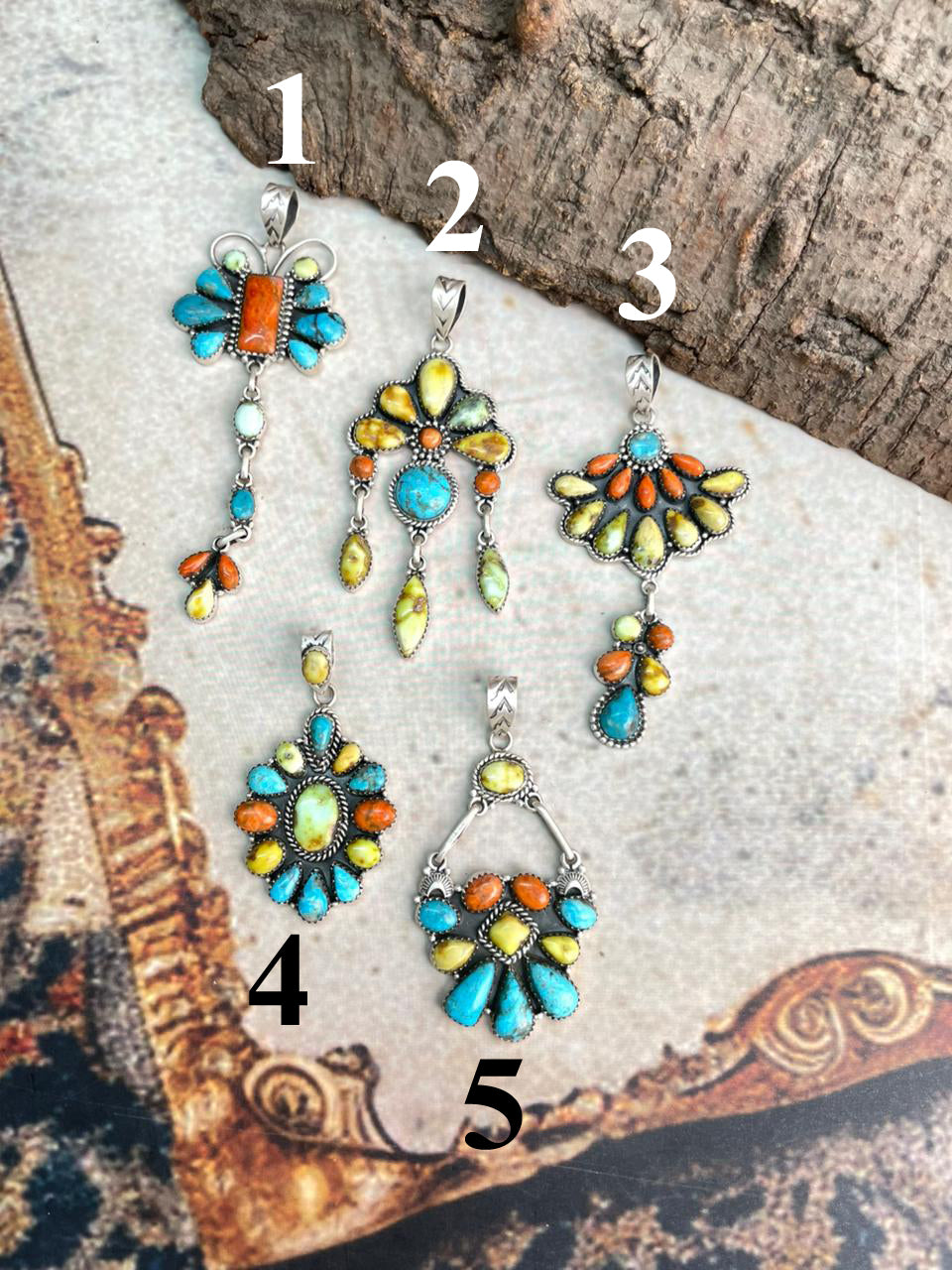 Handmade Sterling Silver Multi Stone Collection: Palomino with Orange Mojave and Arizona Blue Turquoise Pendant "Signed Nizhoni"