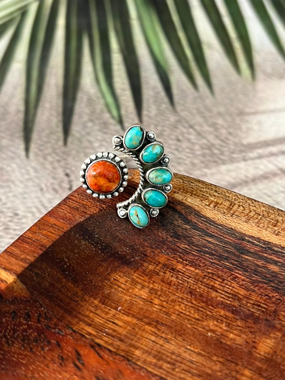 Handmade Sterling Silver Kingman Turquoise with Orange Mojave Adjustable Ring "Signed Nizhoni"