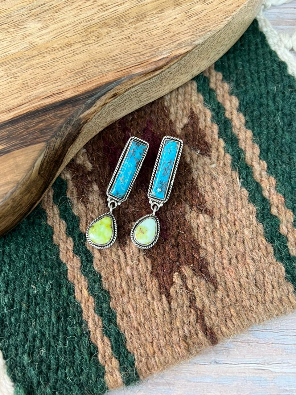 Handmade Sterling Silver Kingman with Palomino Turquoise Post Dangle Earrings "Signed Nizhoni"
