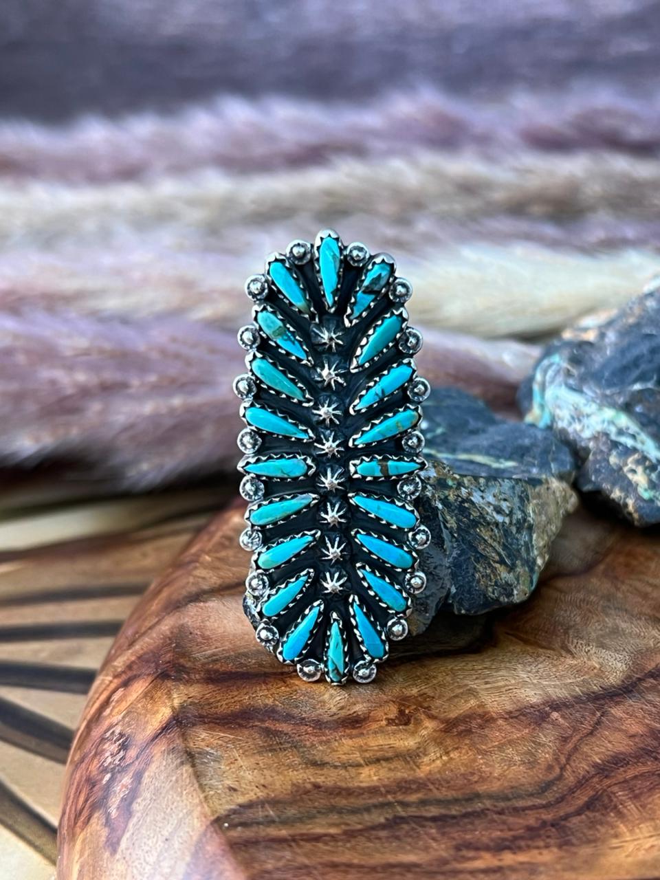 Handmade Sterling Silver Kingman Turquoise Adjustable Ring "Signed Nizhoni"