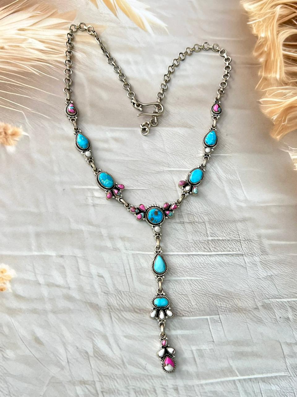 Handmade Sterling Silver Cotton Candy with Sierra Bella Turquoise Necklace "Signed Nizhoni"