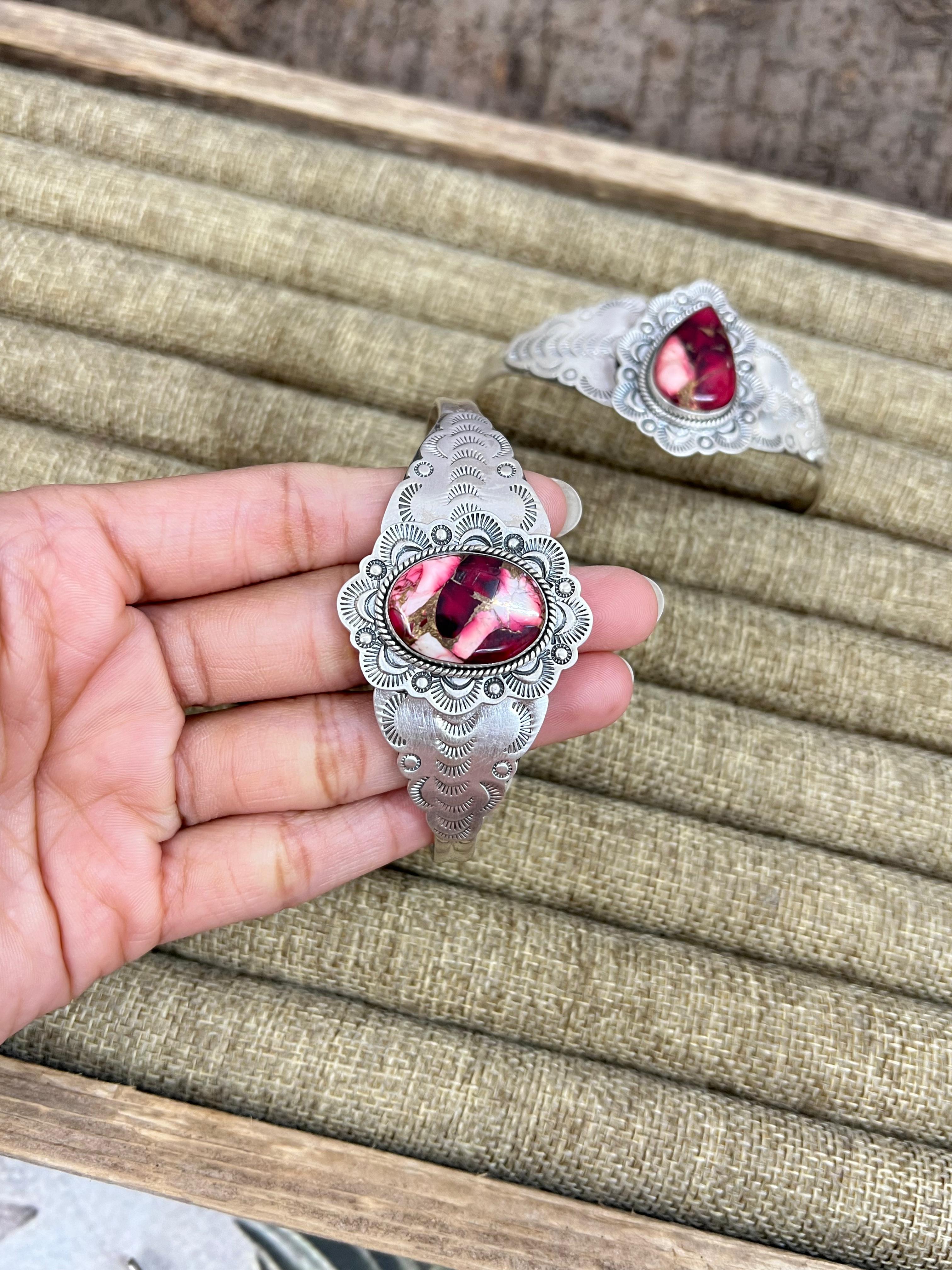 Handmade Sterling Silver Dahlia Rose Cuff Bracelet with Signed Nizhoni