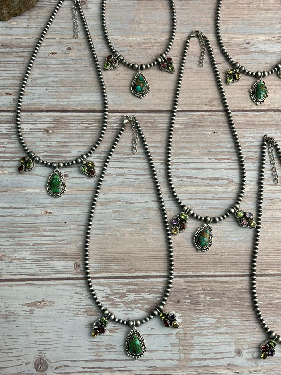 Handmade Sterling Silver Beaded Sonoran with Cut Stone Necklace "Signed Nizhoni"