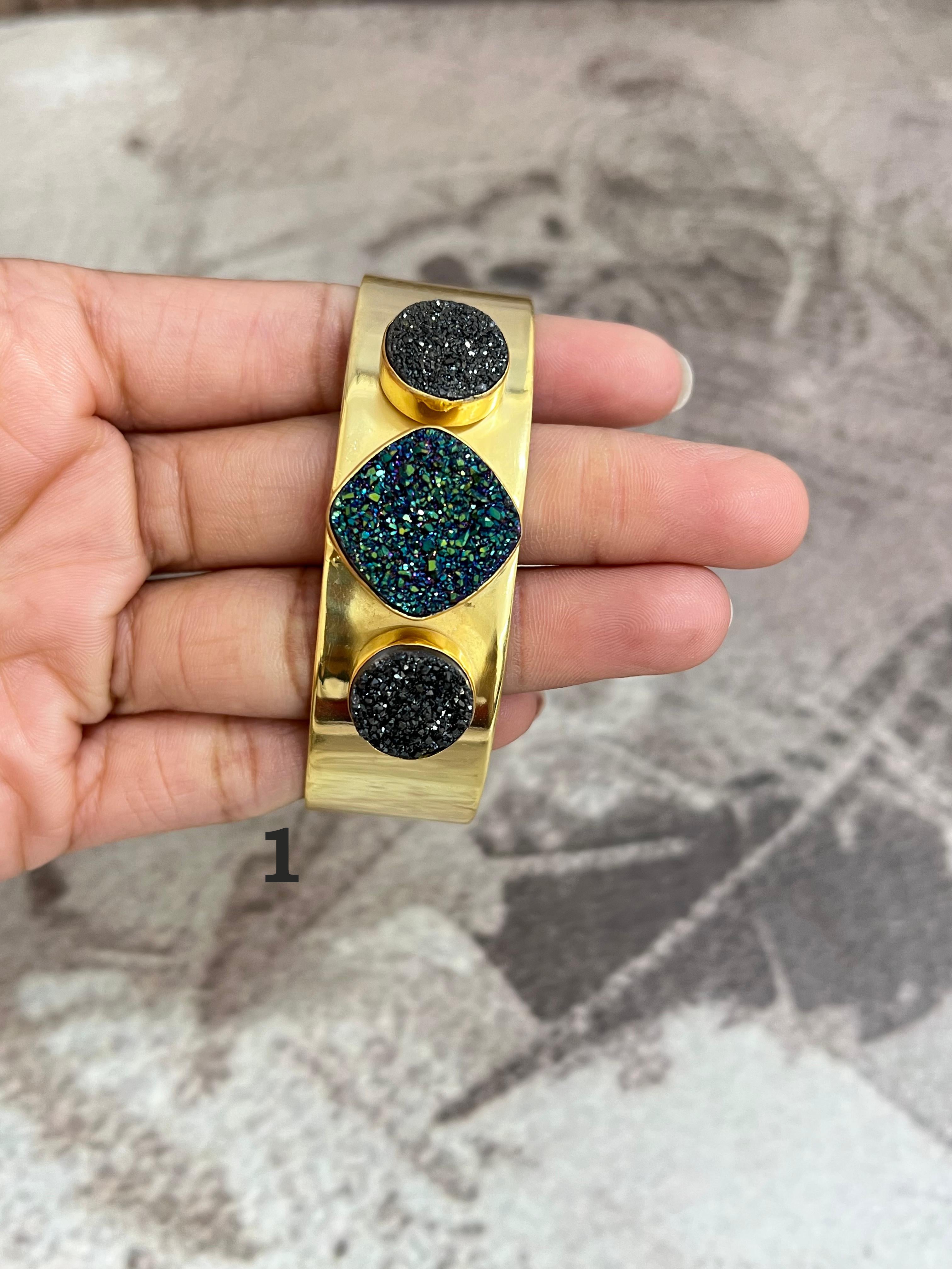 “The Boho Collection” Handmade Natural Gold Plated 3 Stone Druzy Cuff Bracelet