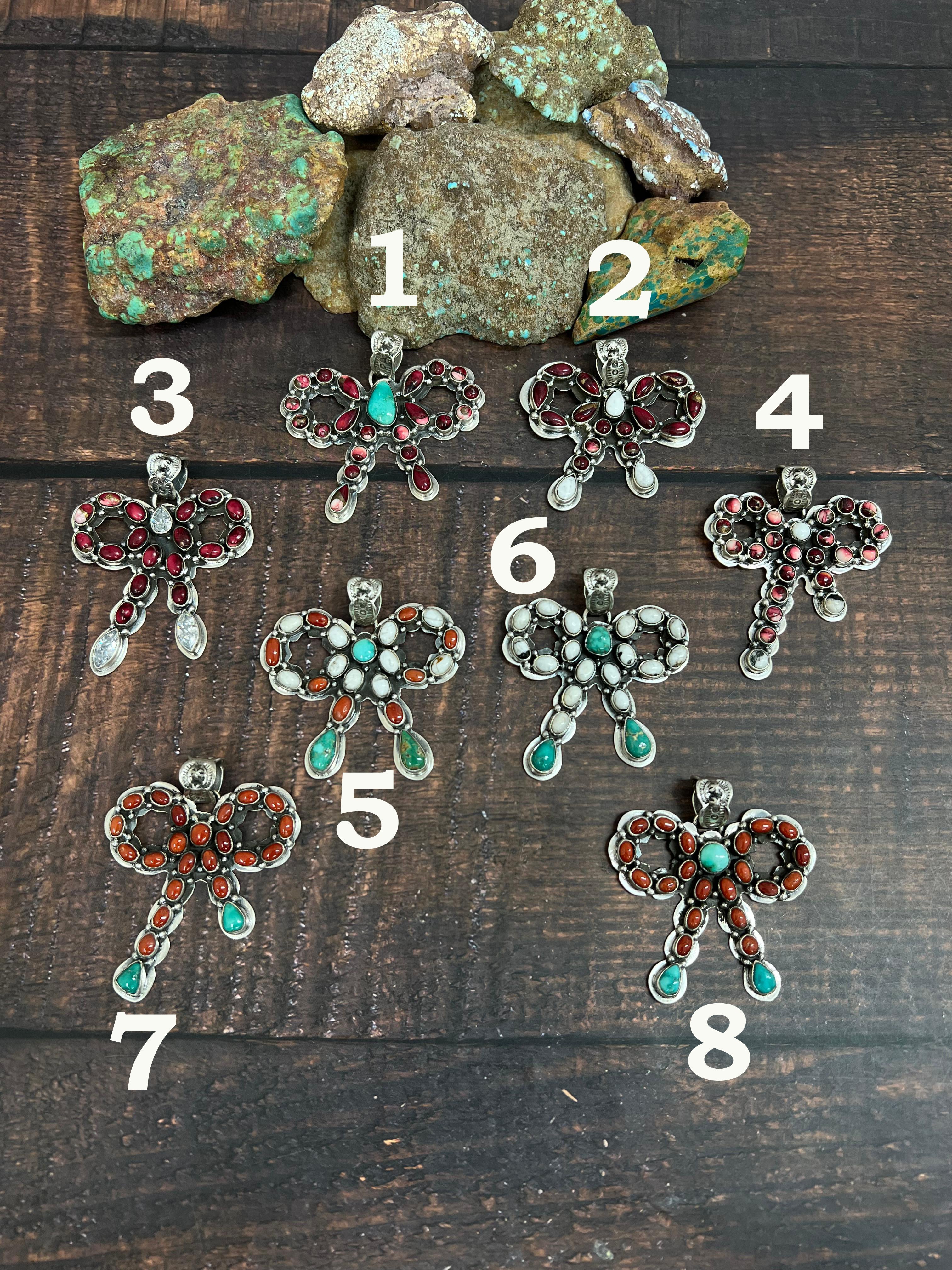 Handmade Sterling Silver Multi Stones Bow Pendant Signed Nizhoni