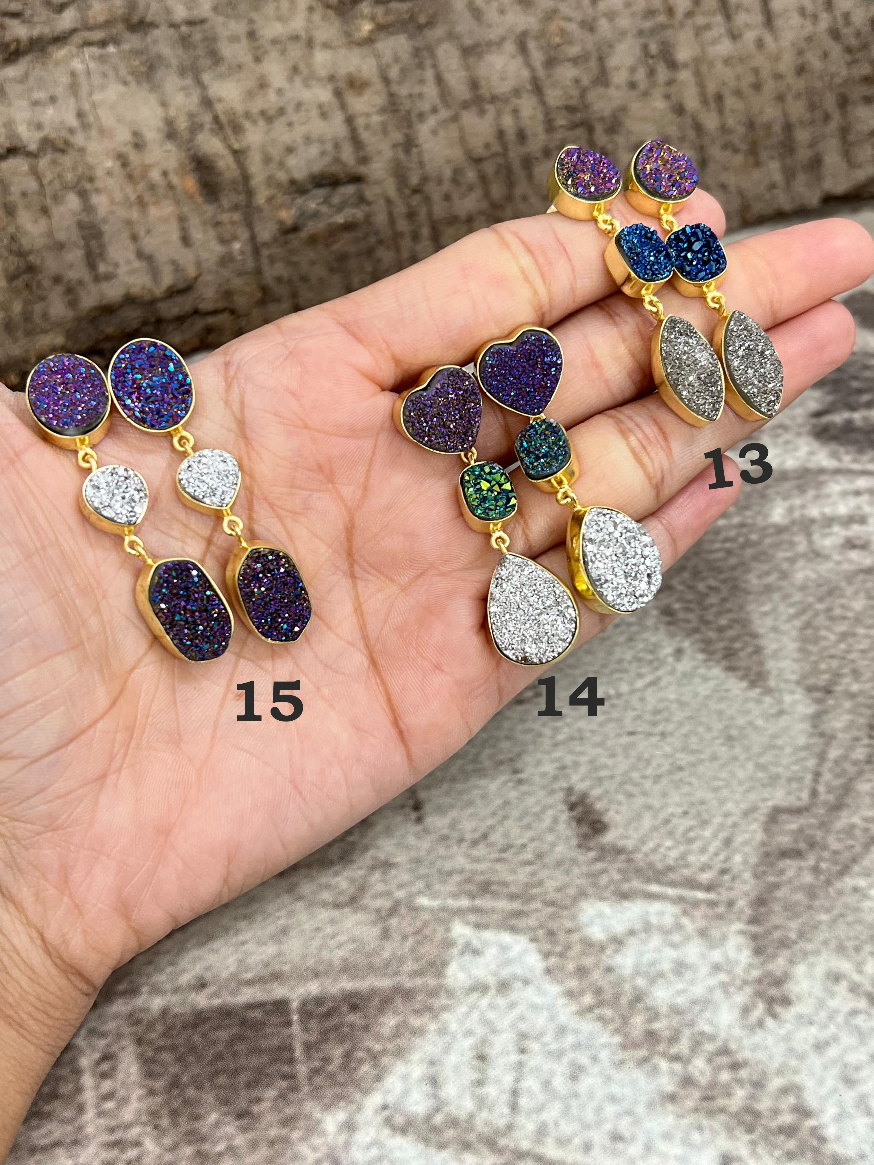 “The Boho Collection” Handmade Natural 3 Stone Druzy Post Dangle Earrings