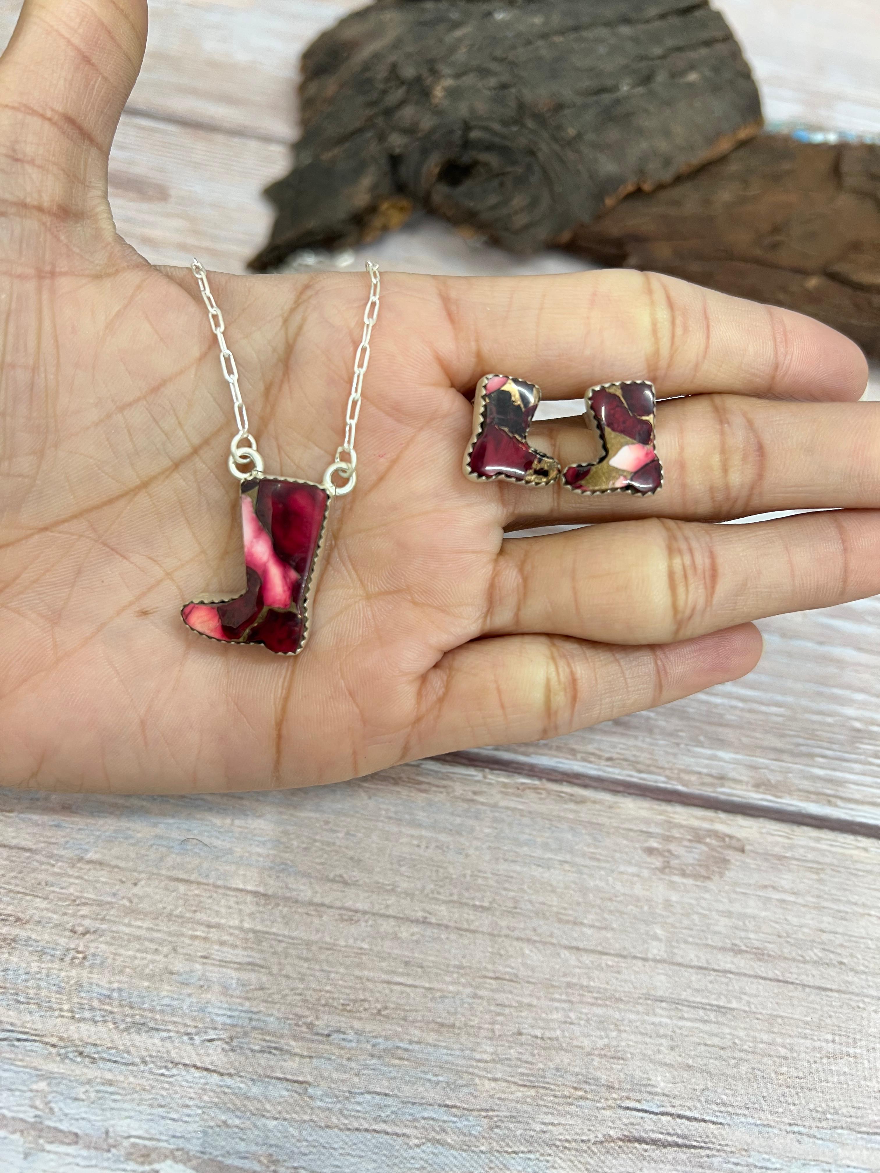 Handmade Sterling Silver Multi Stone Boot Necklace Earrings Set Signed Nizhoni