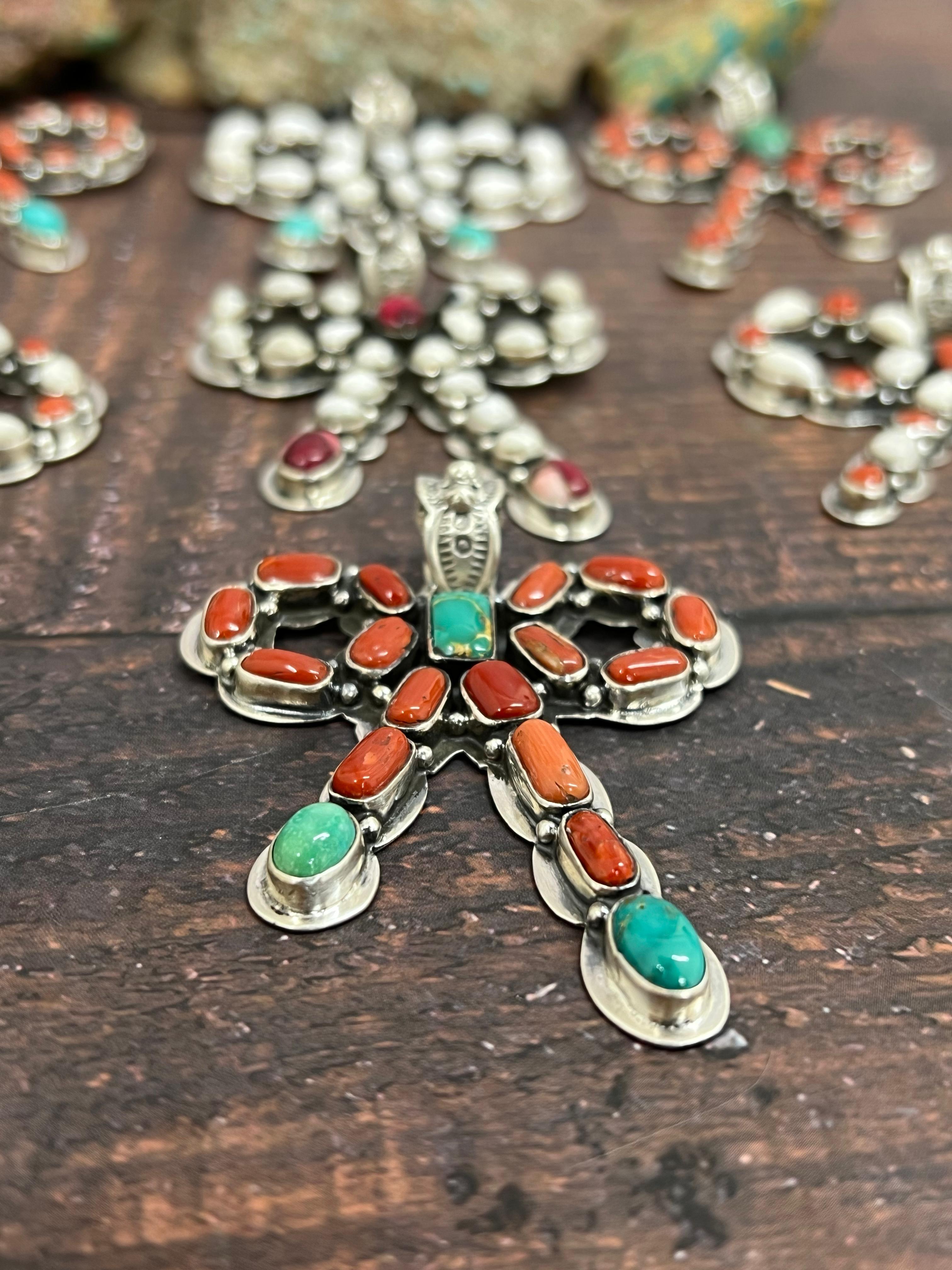 Handmade Sterling Silver Multi Stones Pendant, Signed Nizhoni