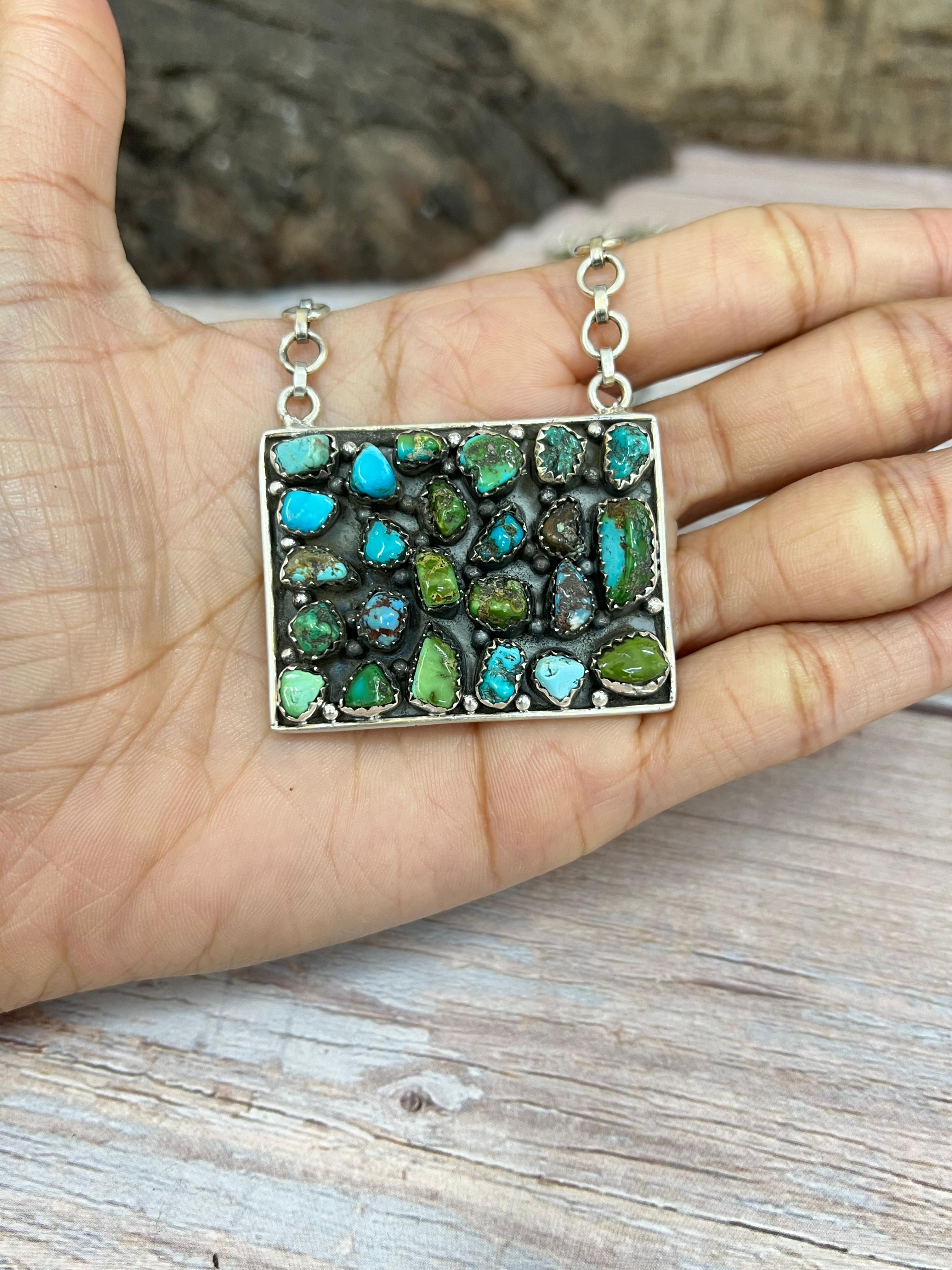 Handmade Sterling Silver Multi Stone Necklace with Signed Nizhoni