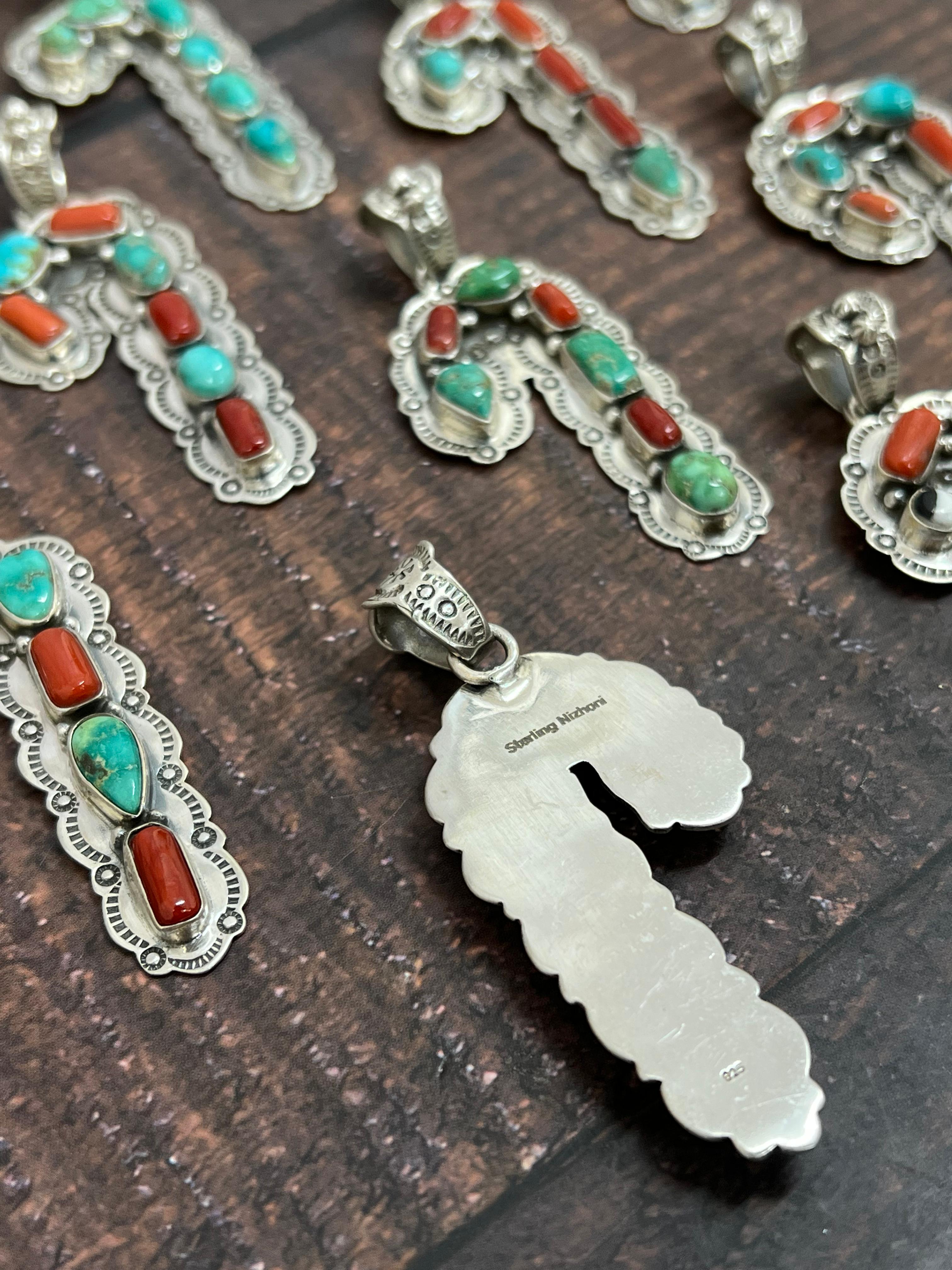 Handmade Sterling Silver Multi Stones Candy Cane Pendant, Signed Nizhoni