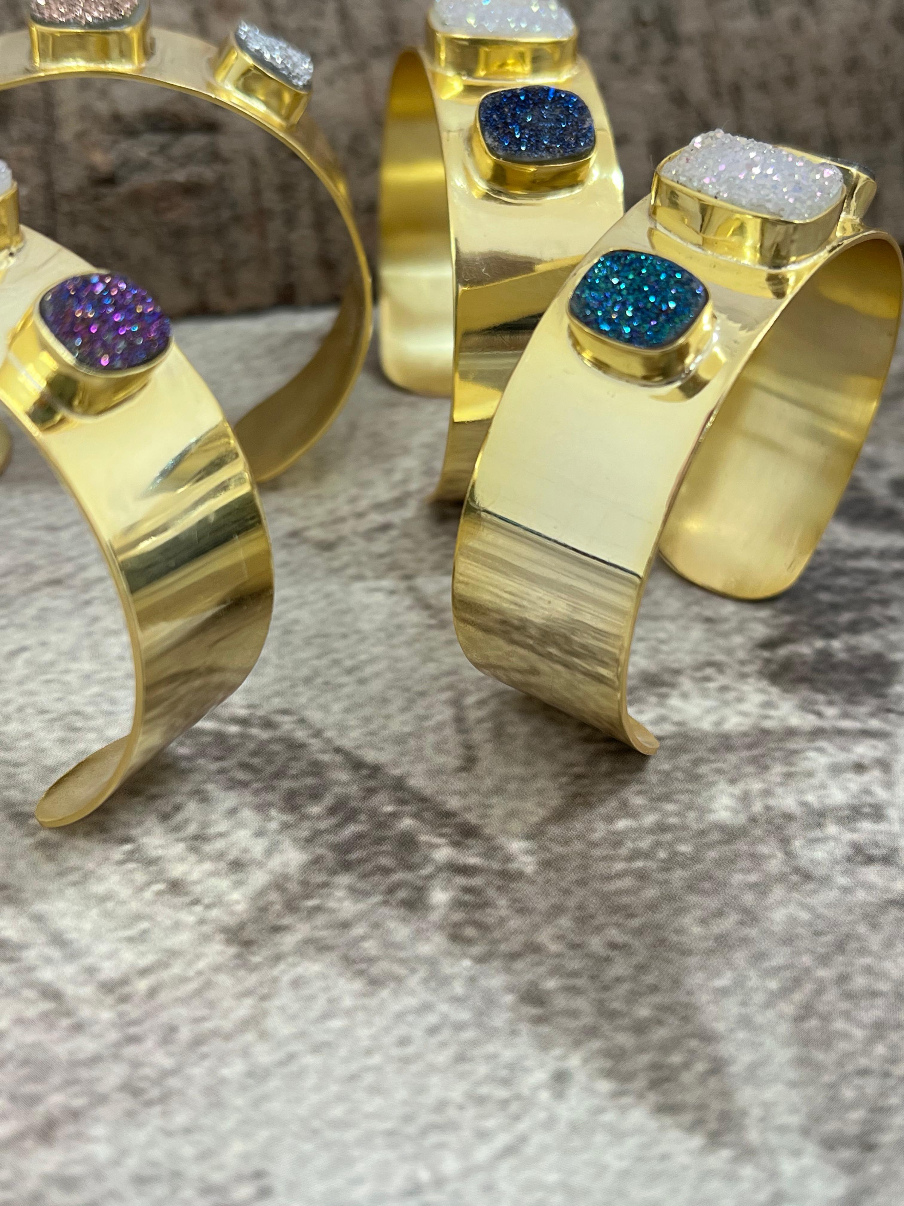 “The Boho Collection” Handmade Natural Gold Plated 3 Stone Druzy Cuff Bracelet