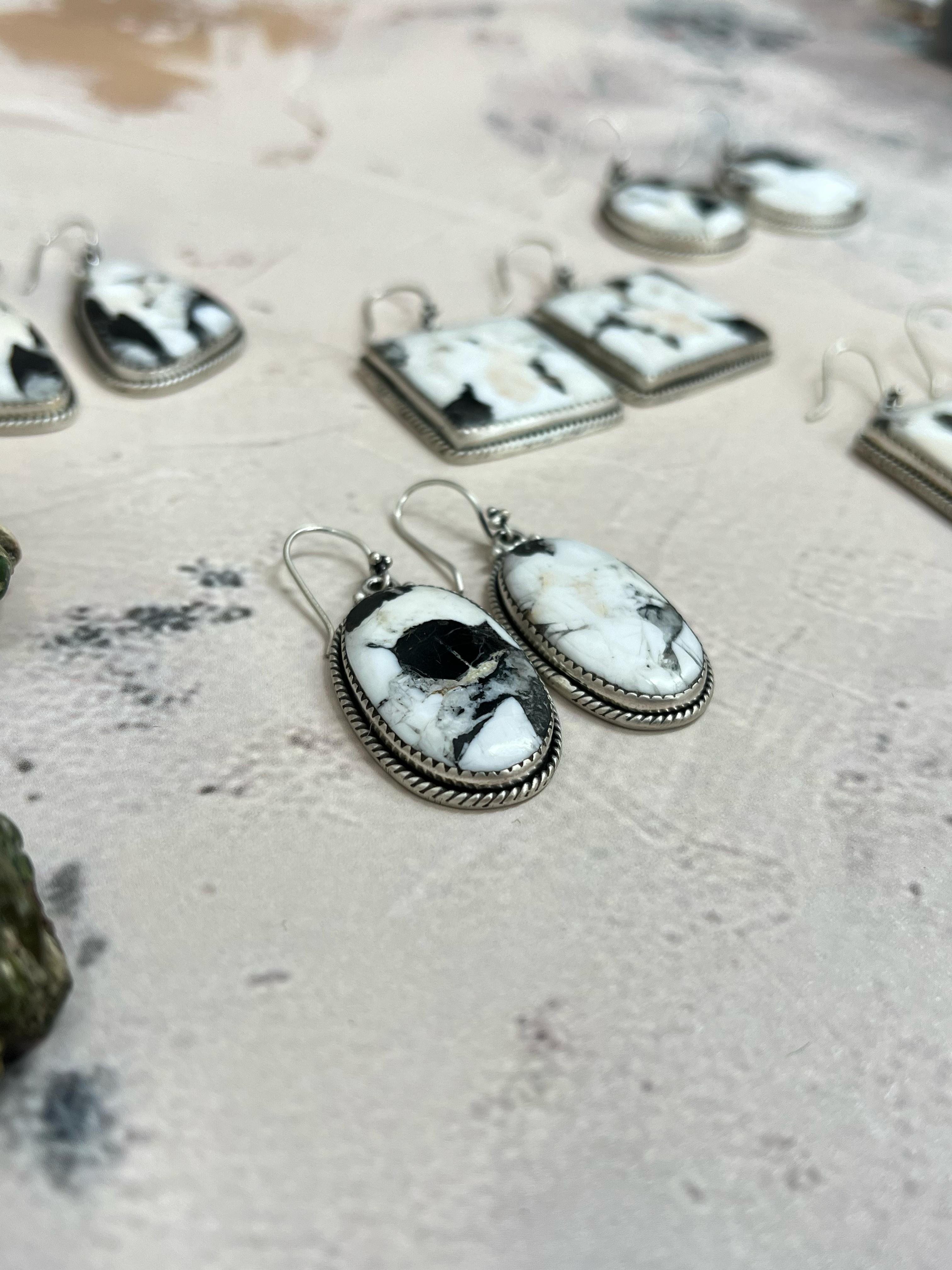 Handmade Sterling Silver White Buffalo Turquoise Hook Earrings with Signed Nizhoni