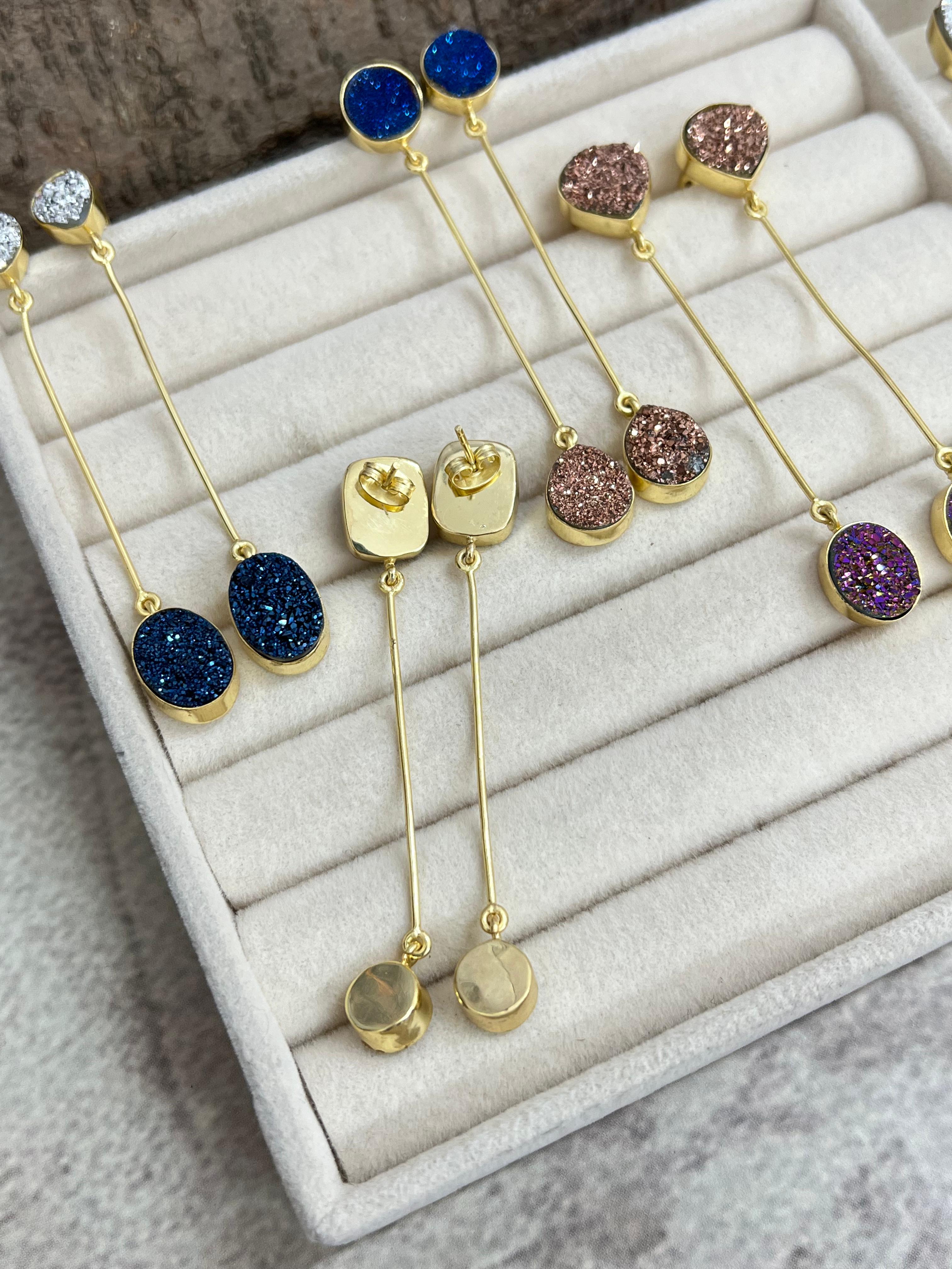 “The Boho Collection” Handmade Natural 2 Druzy Stone Post Dangle Earrings