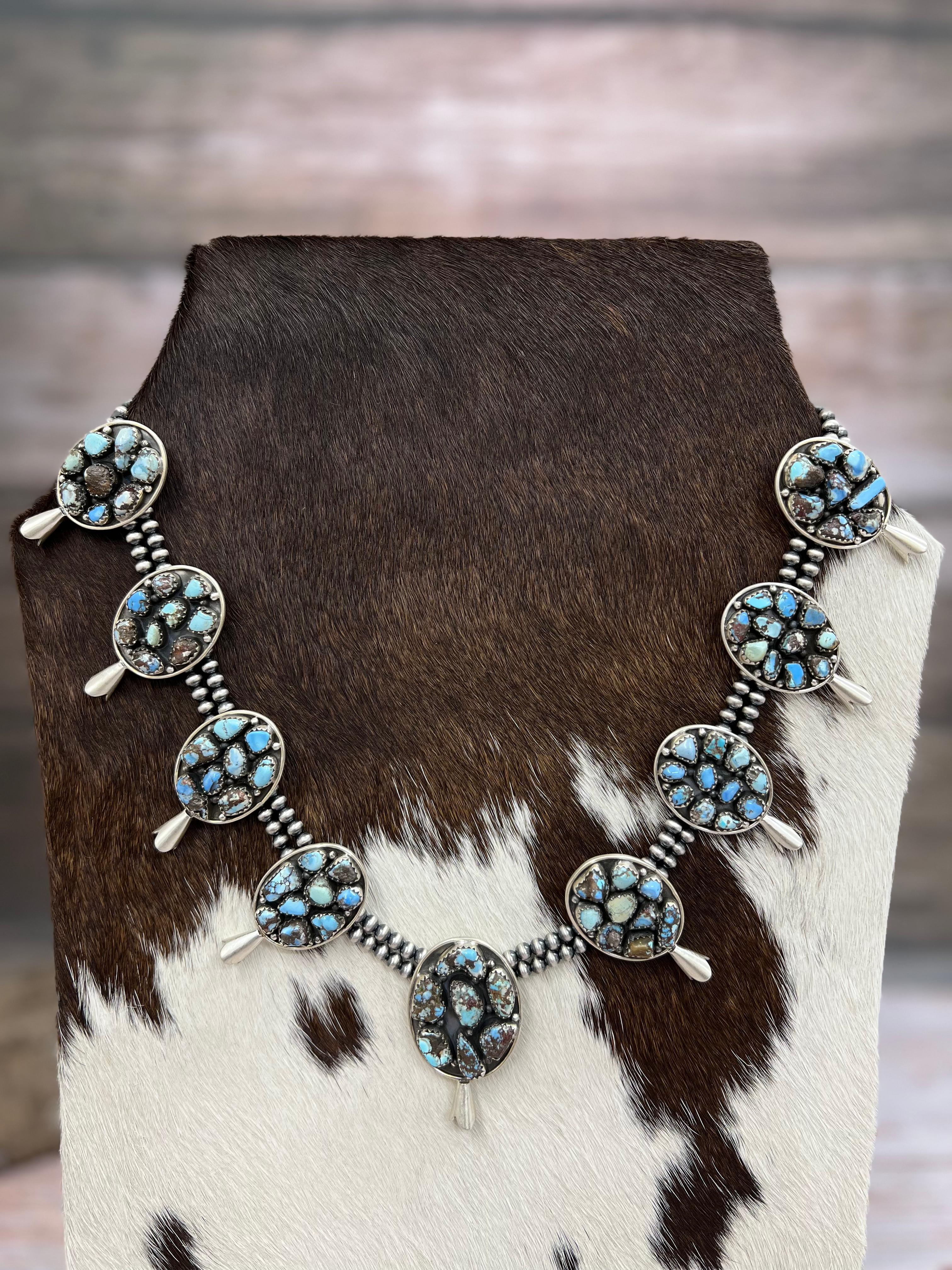 Handmade Sterling Silver Golden Hill Turquoise, Sonoran Mountain Turquoise Squash Blossom Beaded Necklace, Signed Nizhoni