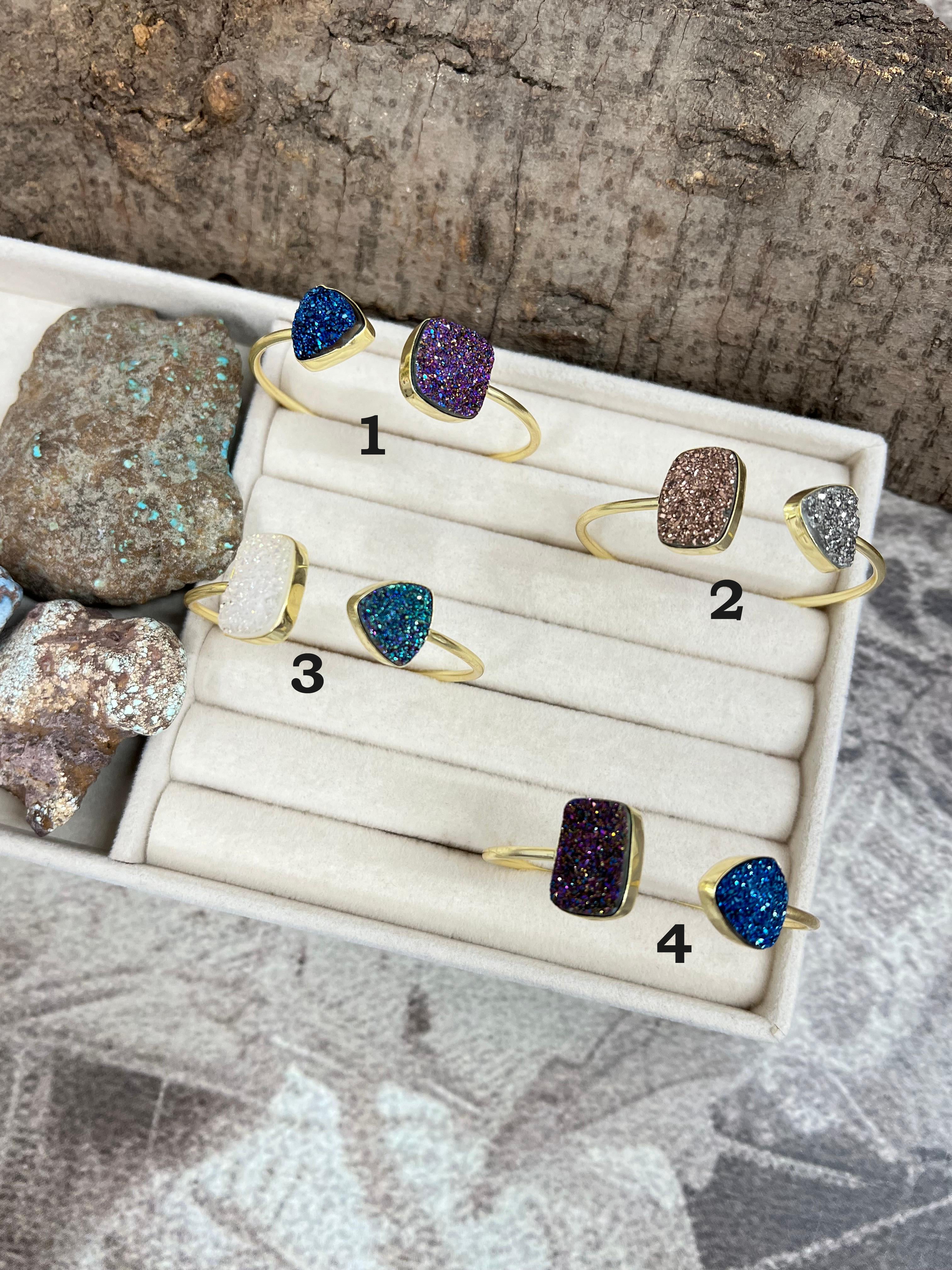 “The Boho Collection” Handmade Natural Gold Plated 2 Stone Druzy Cuff Bracelet
