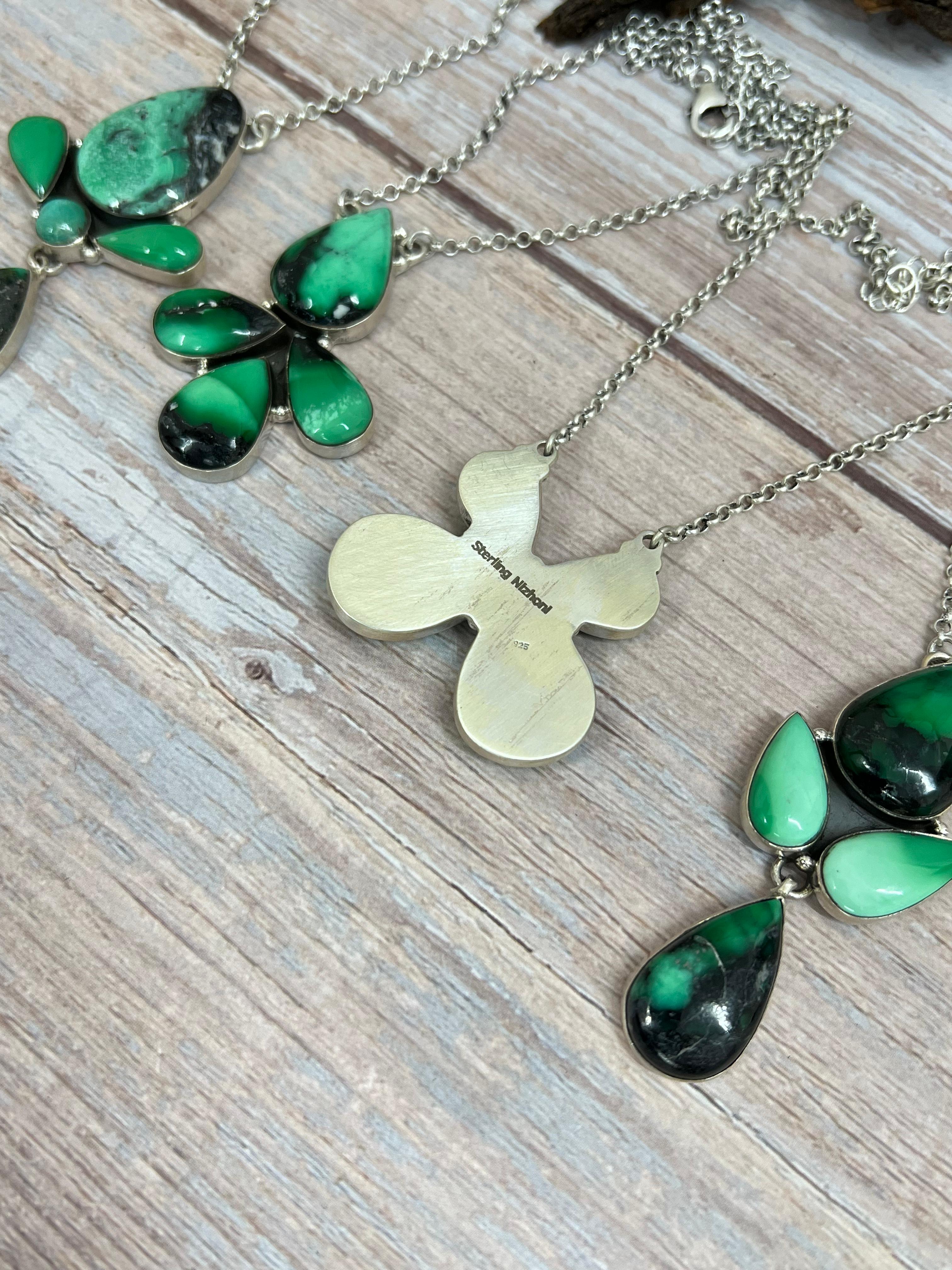 Handmade Sterling Silver Emerald Rose Necklace with Signed Nizhoni