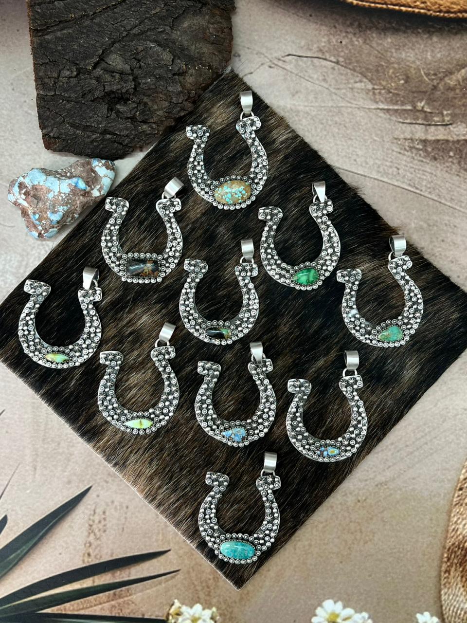 Handmade Sterling Silver Multi Stone Horse Shoe Pendant "Signed Nizhoni" (9)