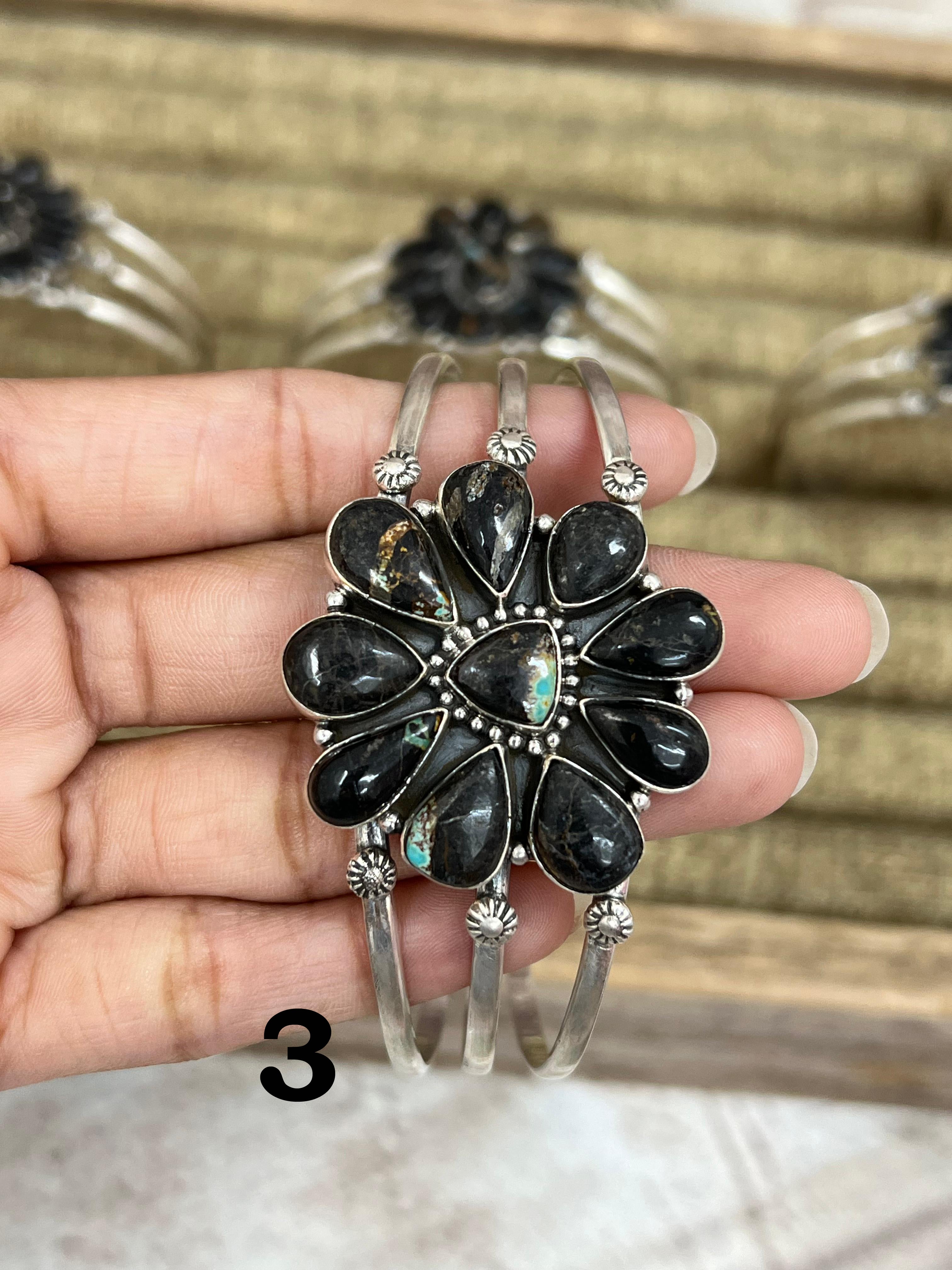 Handmade Sterling Silver Blackjack Turquoise Cuff Bracelet Signed Nizhoni