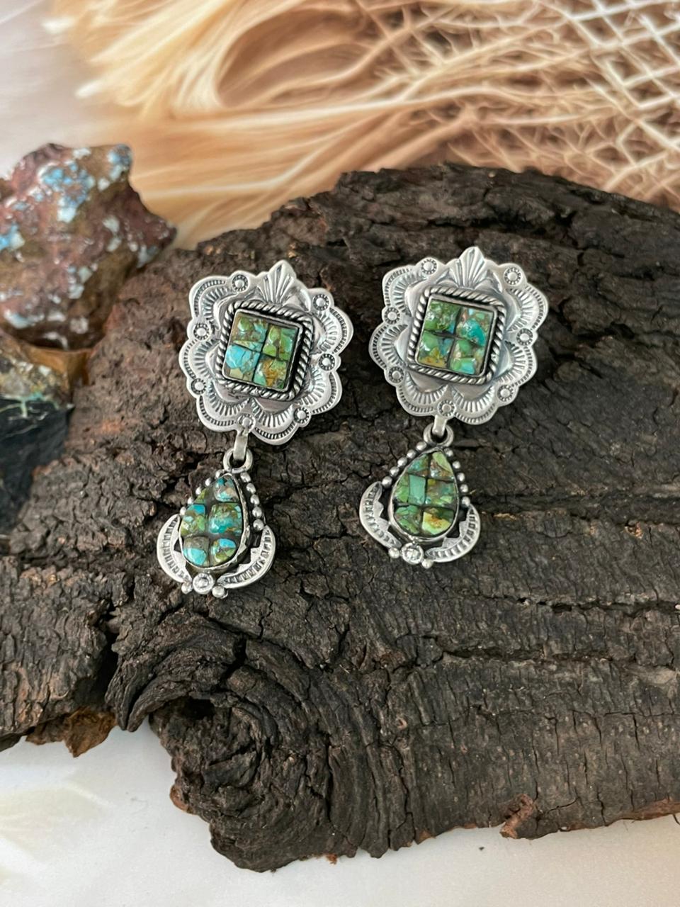 Handmade Sterling Silver Sonoran Cobble Collection: Sonoran Mountain Turquoise Post Dangle Earrings "Signed Nizhoni"