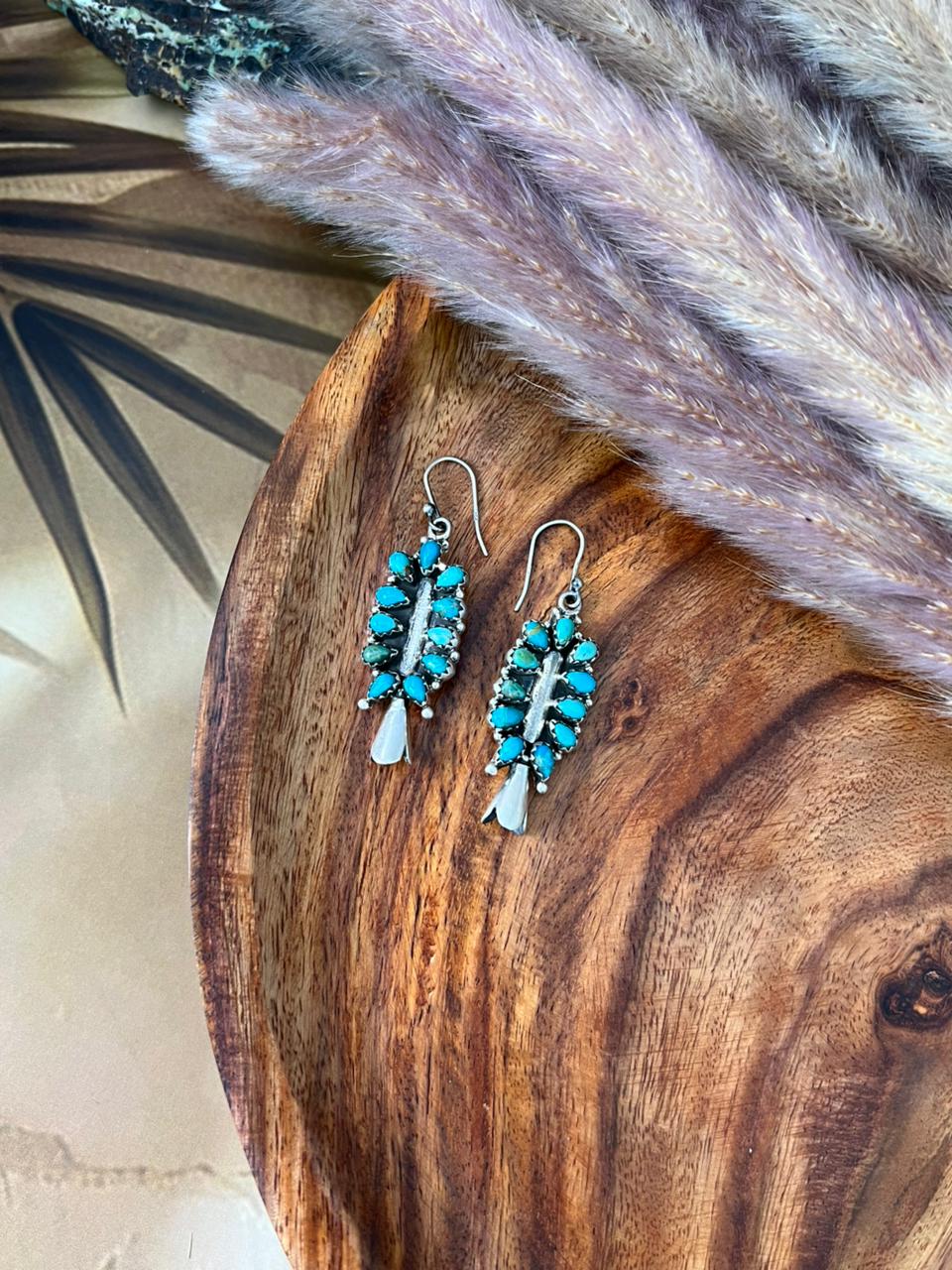 Handmade Sterling Silver Kingman Turquoise Hook Dangle Squash Blossom Earrings "Signed Nizhoni"