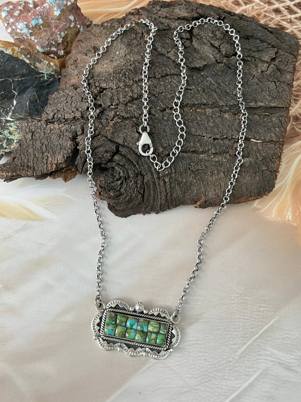 Handmade Sterling Silver Sonoran Cobble Collection: Sonoran Mountain Turquoise Bar Necklace "Signed Nizhoni"