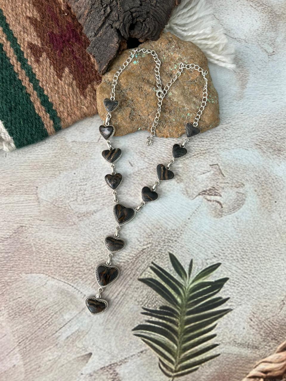 Handmade Sterling Silver Blackjack Turquoise Heart Necklace "Signed Nizhoni"