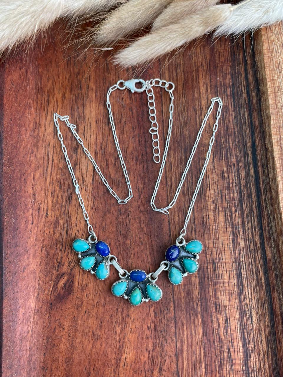 Handmade Sterling Silver Kingman Turquoise with Lapis Necklace "Signed Nizhoni"