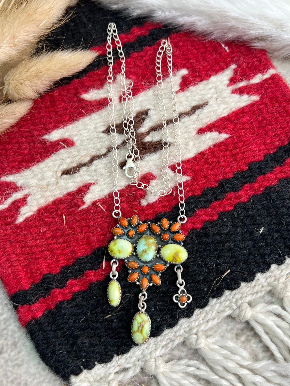 Handmade Sterling Silver Palomino Turquoise with Orange Mojave Necklace "Signed Nizhoni"