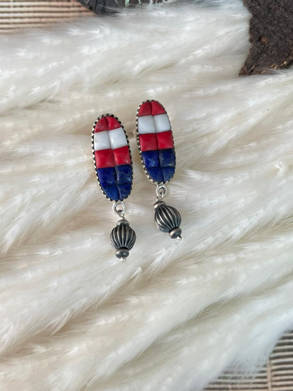 Handmade Sterling Silver 4th Of July Collection: Rosarita with Lapis and White Buffalo Post Dangle Earrings "Signed Nizhoni"