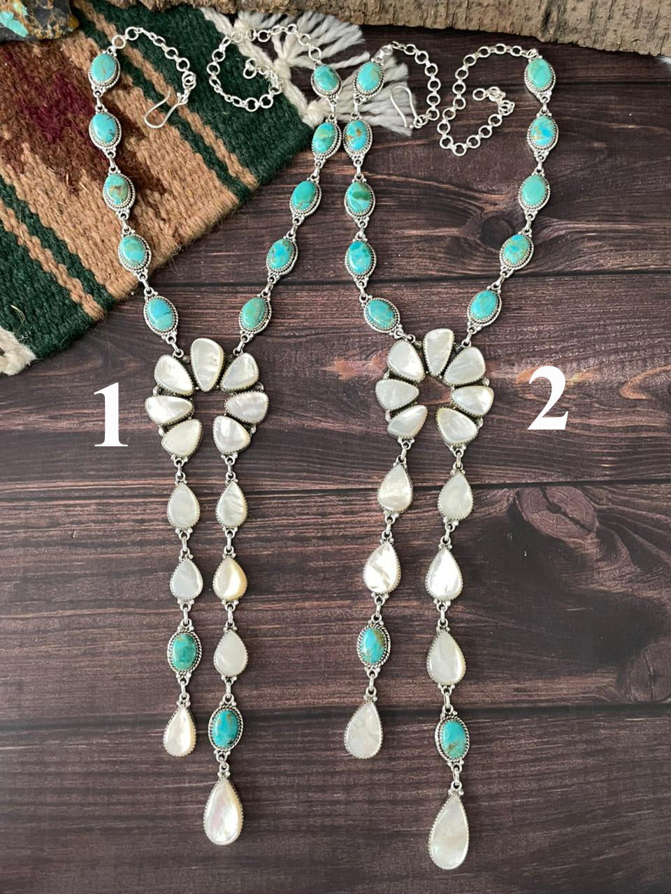 Handmade Sterling Silver Wedding Collection: Mother of Pearl with Kingman Turquoise Necklace "Signed Nizhoni"