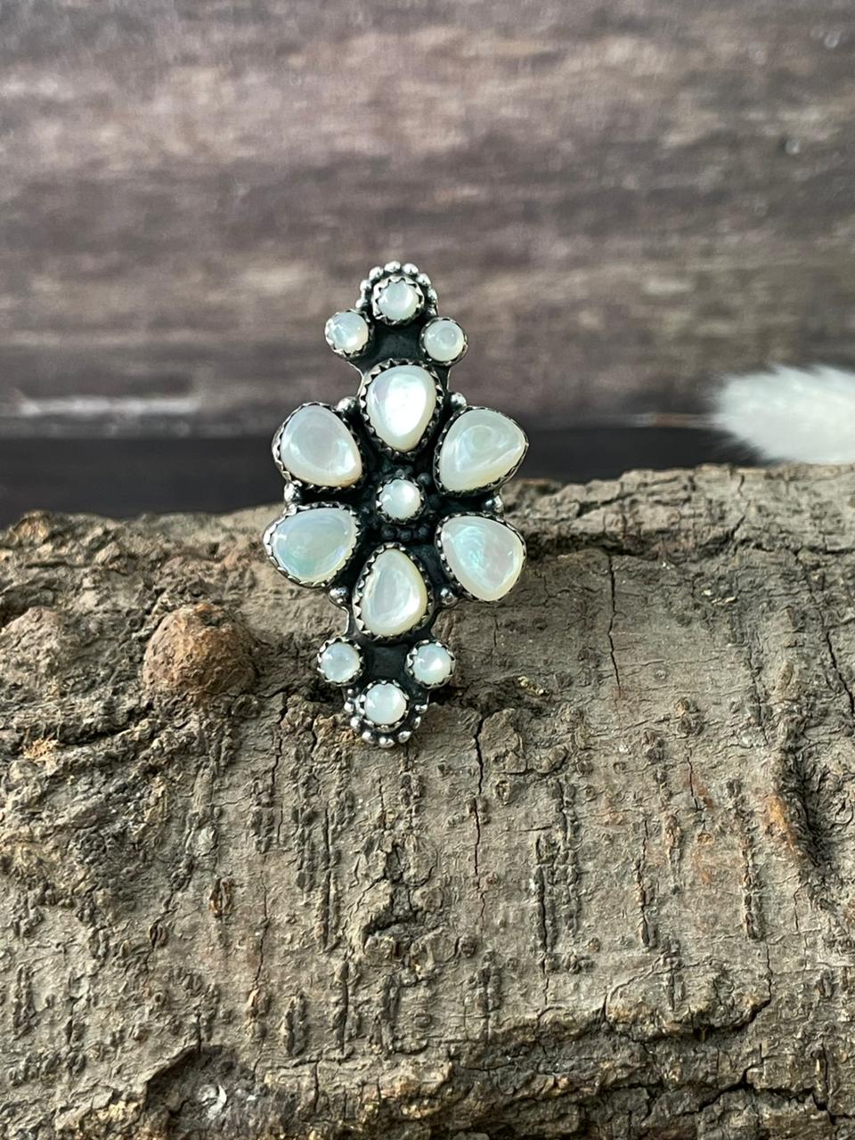Handmade Sterling Silver Wedding Collection: Mother of Pearl Adjustable Ring "Signed Nizhoni"
