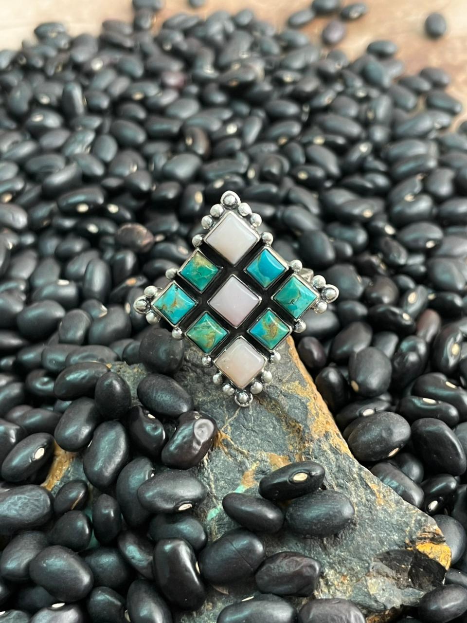 Handmade Sterling Silver Kingman Turquoise with Pink Opal Adjustable Ring "Signed Nizhoni"