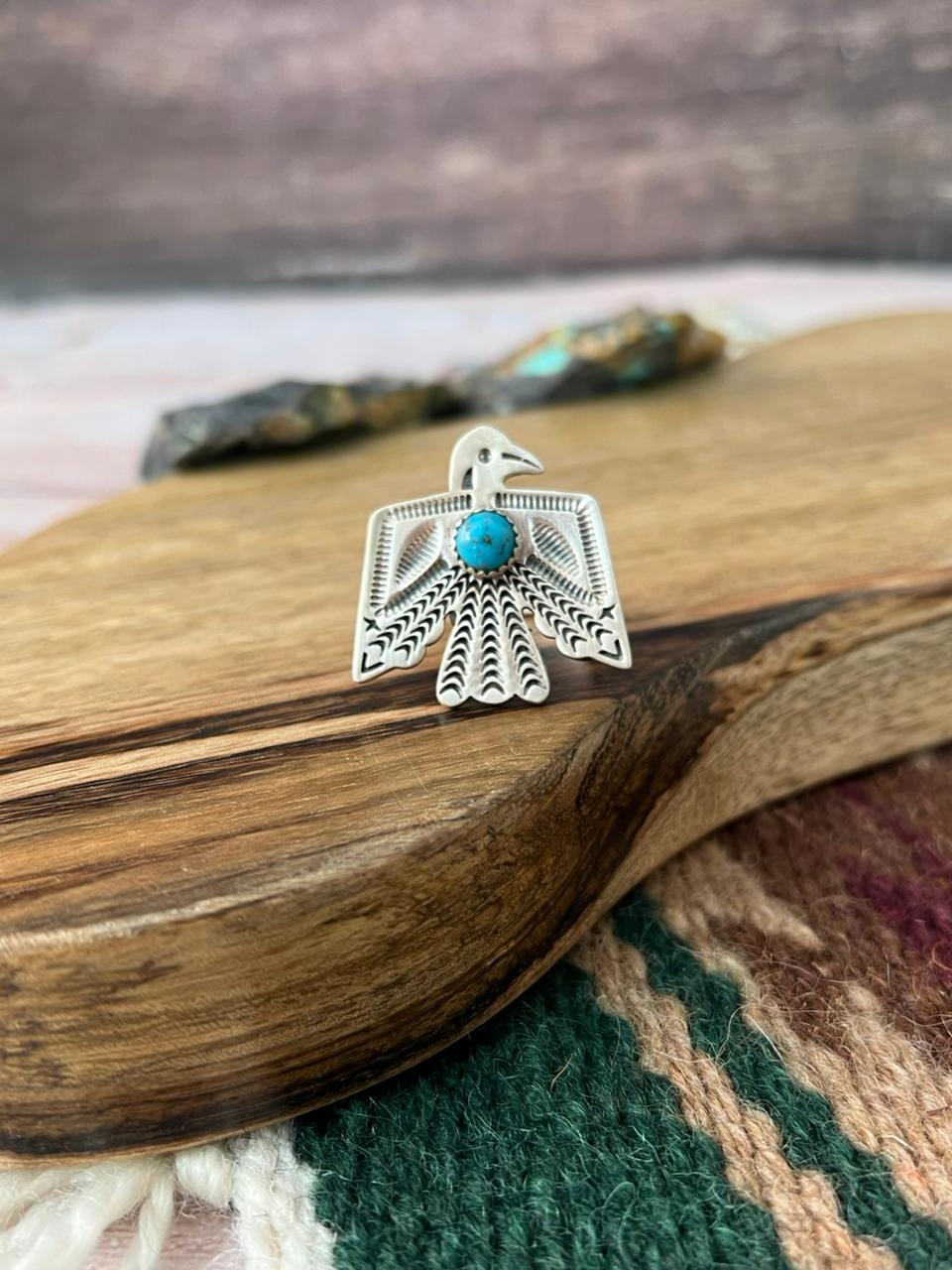 Handmade Sterling Silver Kingman Turquoise Thunderbird Adjustable Ring "Signed Nizhoni"