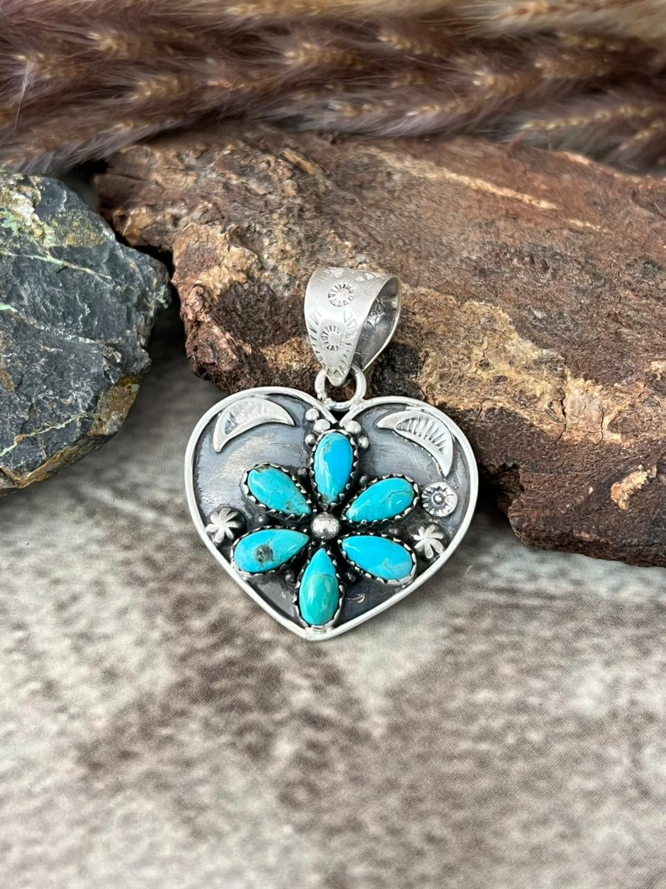 Handmade Sterling Silver Kingman Turquoise Heart Pendant "Signed Nizhoni"