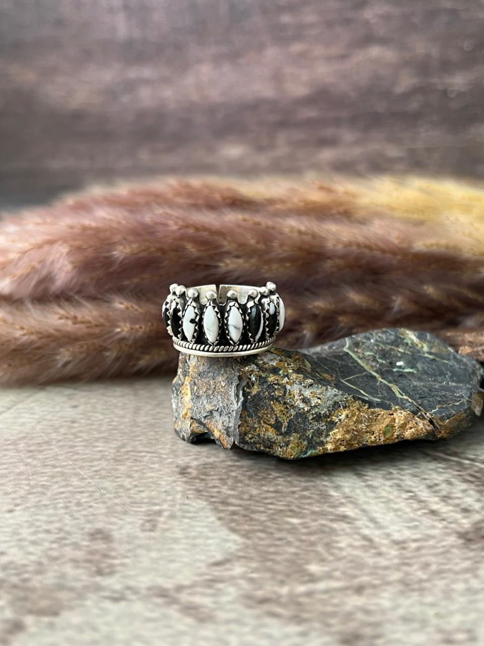 Handmade Sterling Silver White Buffalo Adjustable Ring "Signed Nizhoni"