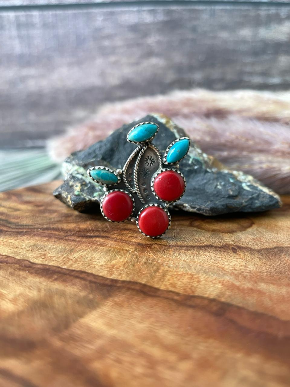 Handmade Sterling Silver Kingman Turquoise with Rosarita Adjustable Cherry Ring "Signed Nizhoni"