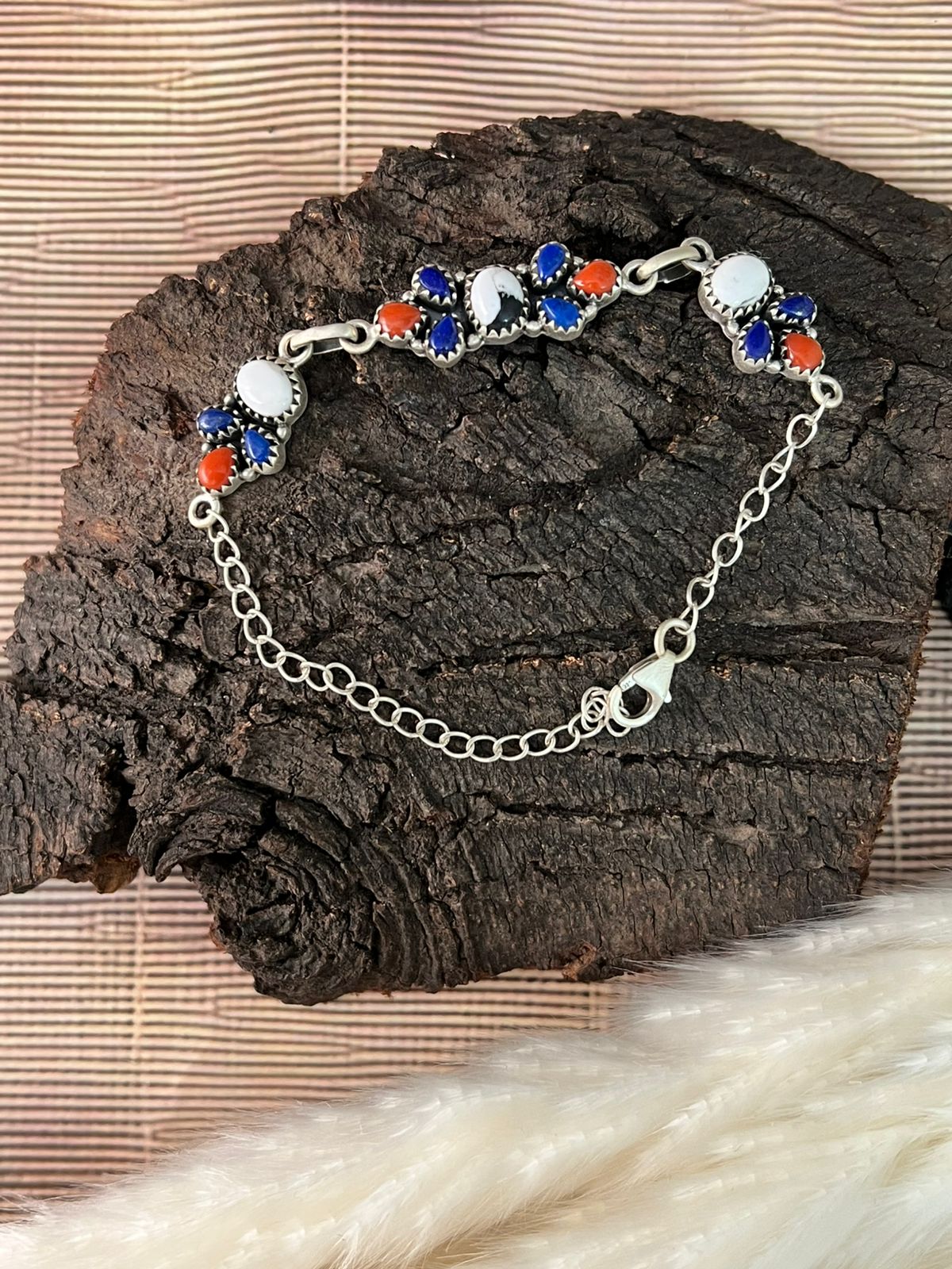 Handmade Sterling Silver 4th Of July Collection: Coral with Lapis and White Buffalo Bracelet "Signed Nizhoni"