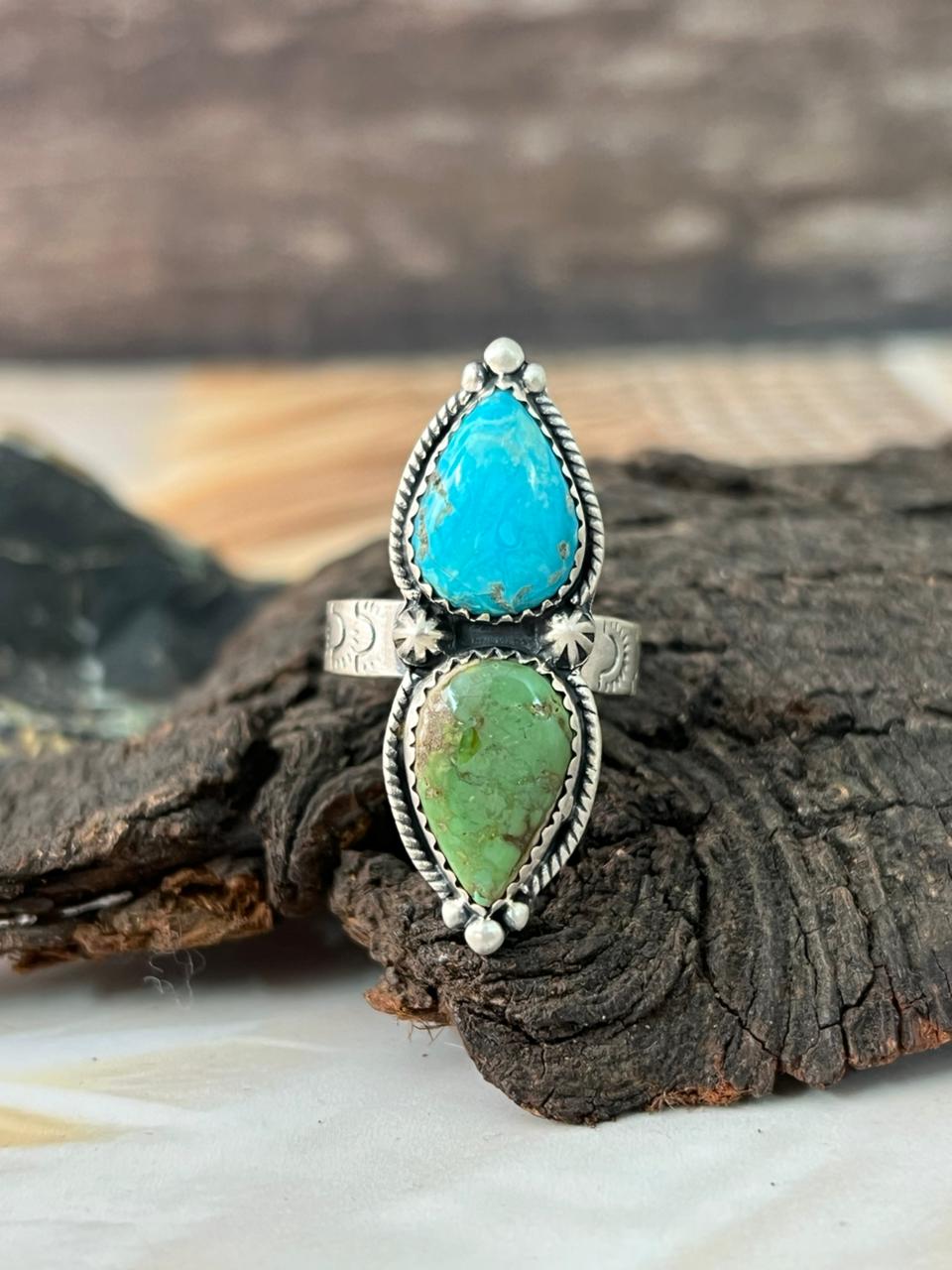 Handmade Sterling Silver Sonoran Mountain with Sierra Bella Turquoise Adjustable Ring "Signed Nizhoni"