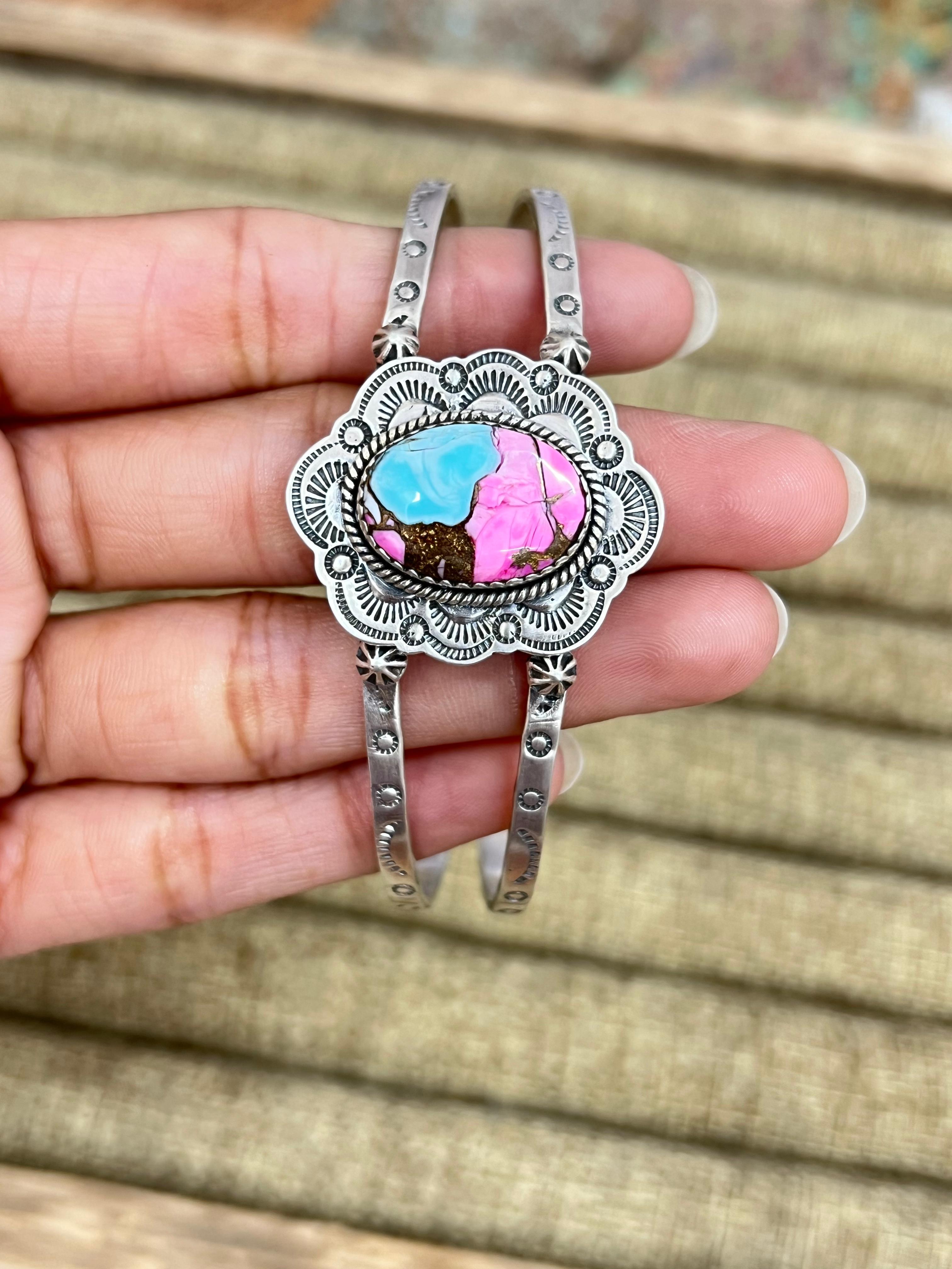 Handmade Sterling Silver Multi Stone Cuff Bracelet, Signed Nizhoni