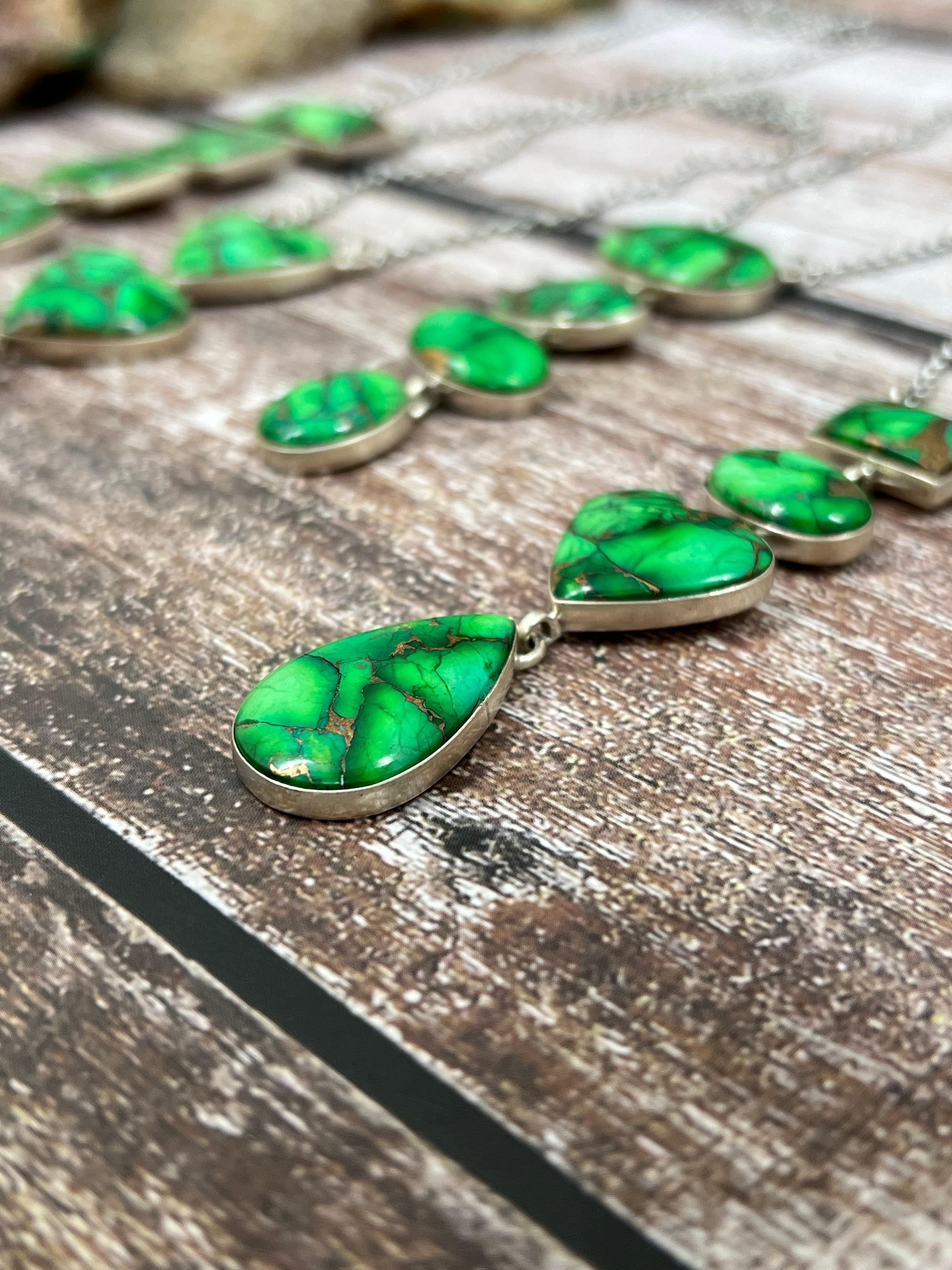 Handmade Sterling Silver Kelly Green Dahlia Necklace with Signed Nizhoni