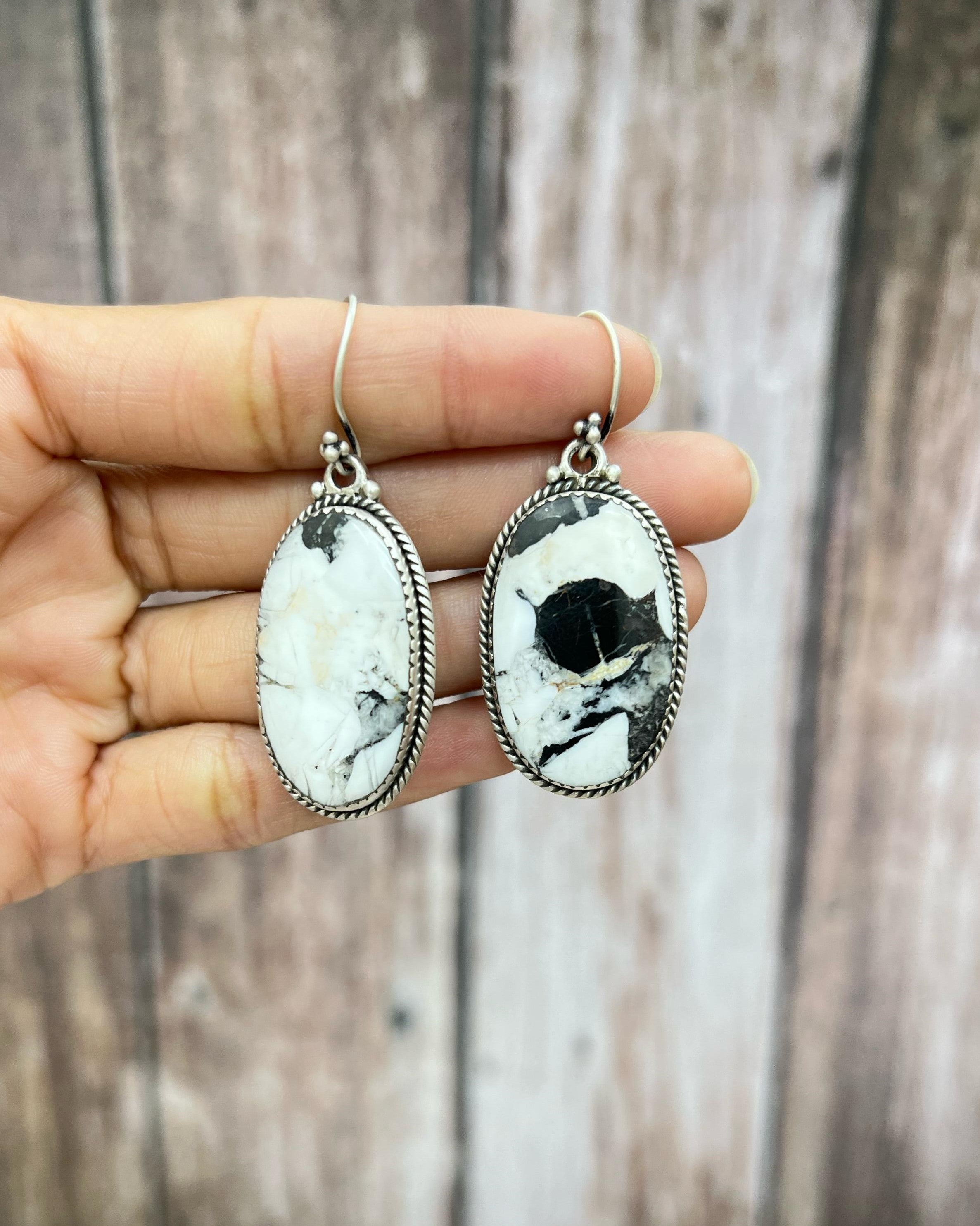 Handmade Sterling Silver White Buffalo Turquoise Hook Earrings with Signed Nizhoni