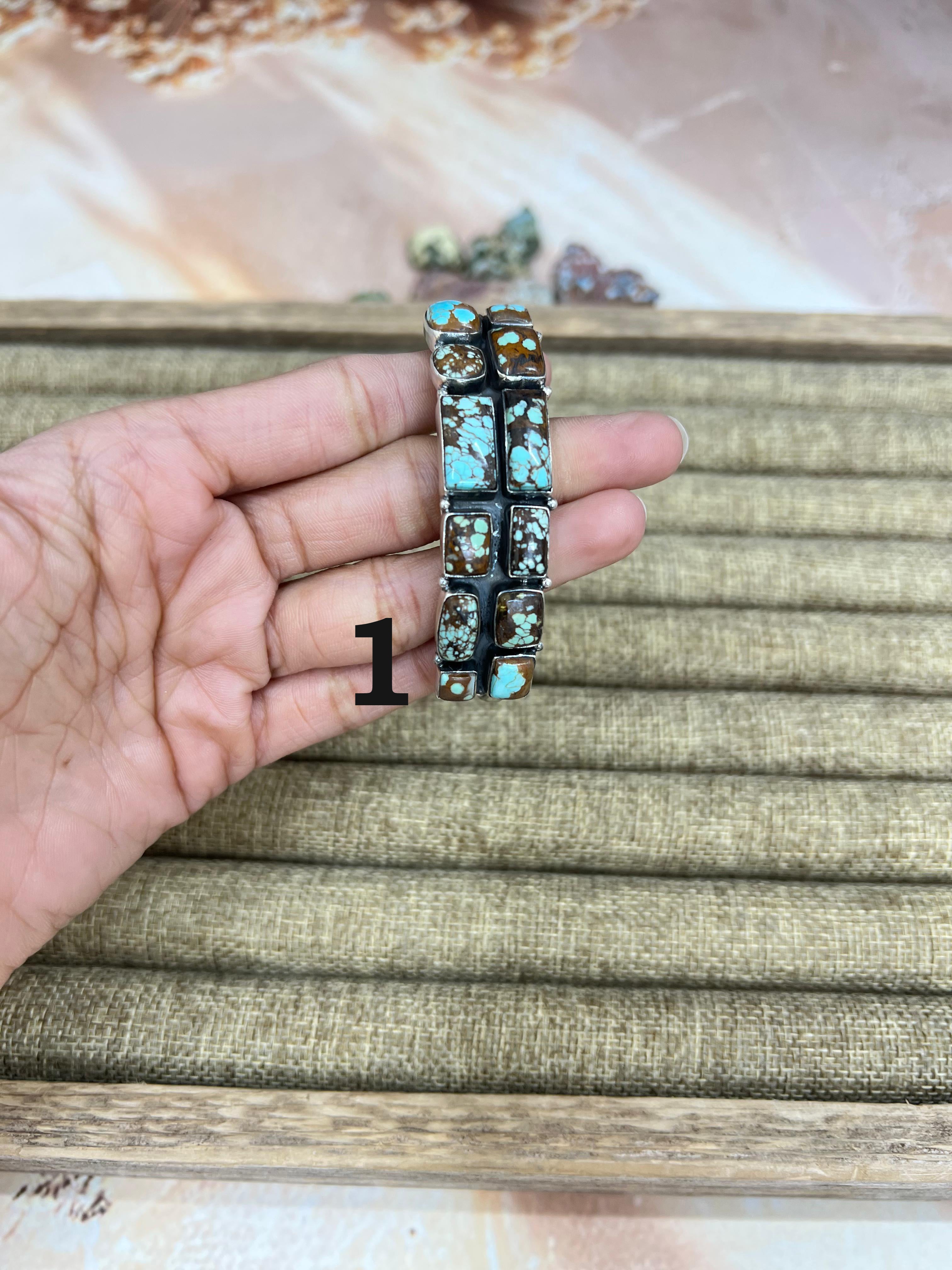 Handmade Sterling Silver Number 8 Turquoise Cuff Bracelet with Signed Nizhoni