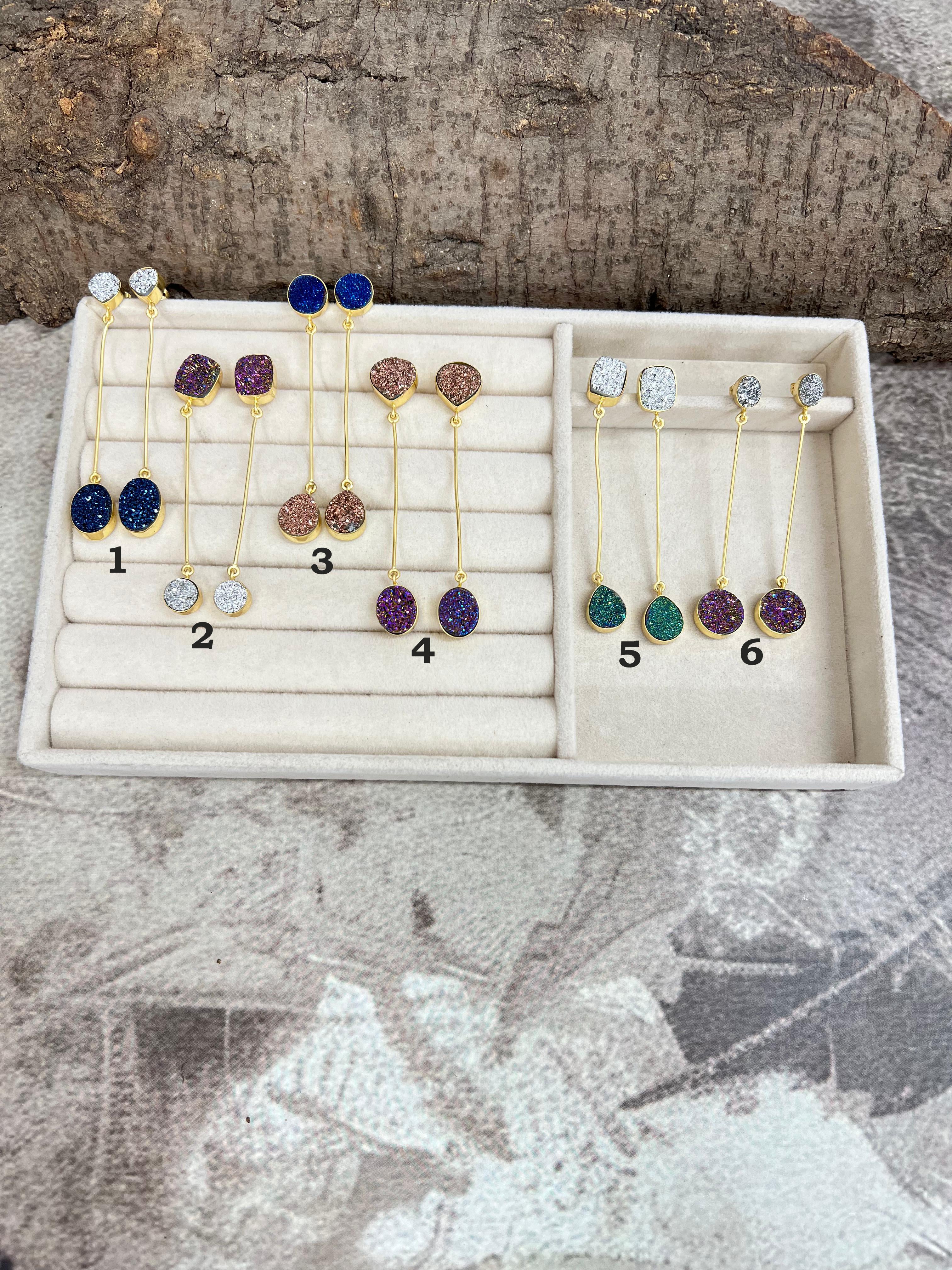 “The Boho Collection” Handmade Natural 2 Druzy Stone Post Dangle Earrings