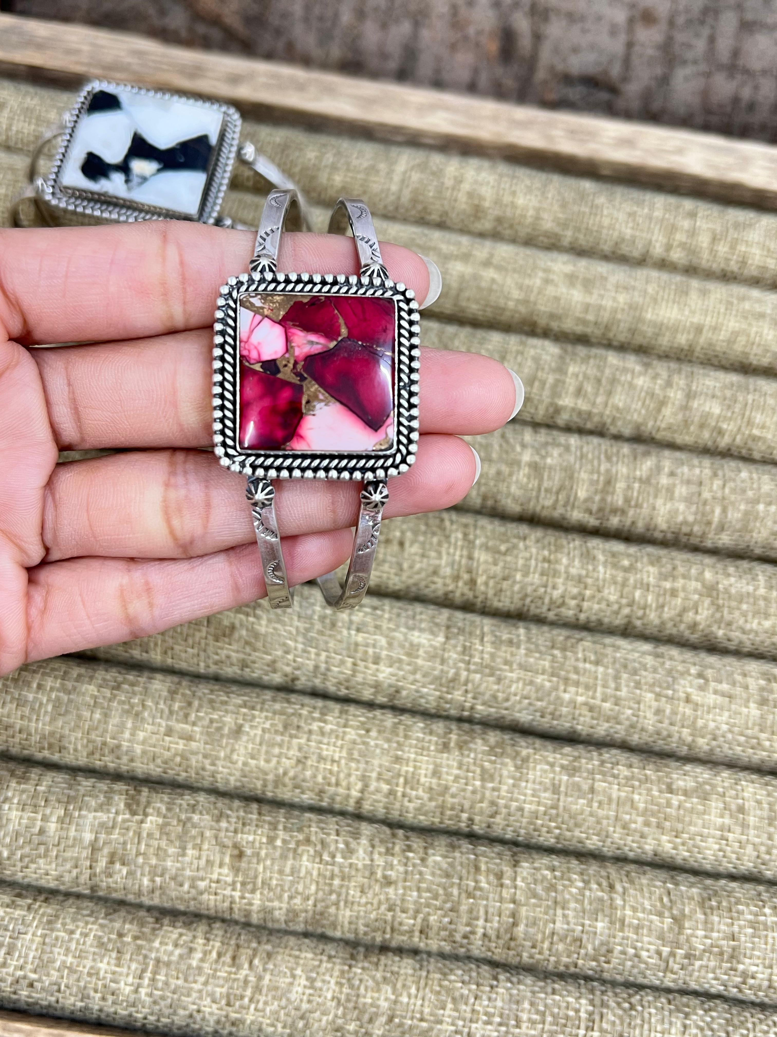 Handmade Sterling Silver Multi Stone Cuff Bracelet with Signed Nizhoni (1)